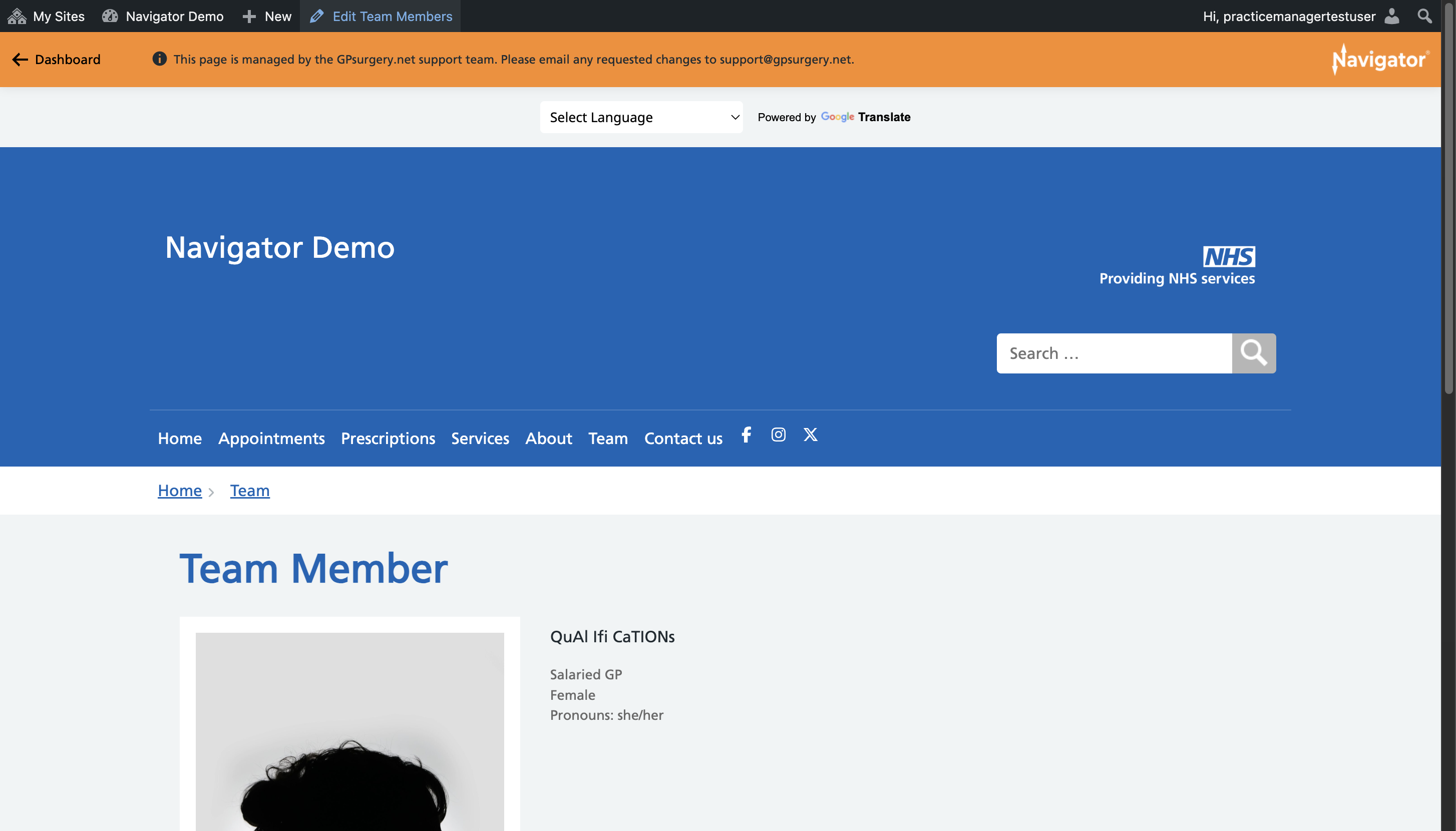 An individual team member's page, with "Edit Team Members" selected from the admin toolbar.