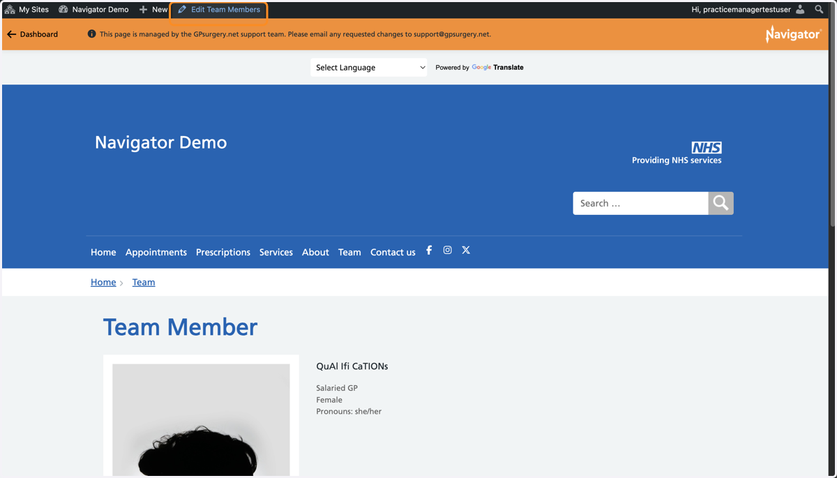 An individual team member's page, with "Edit Team Members" selected from the admin toolbar.