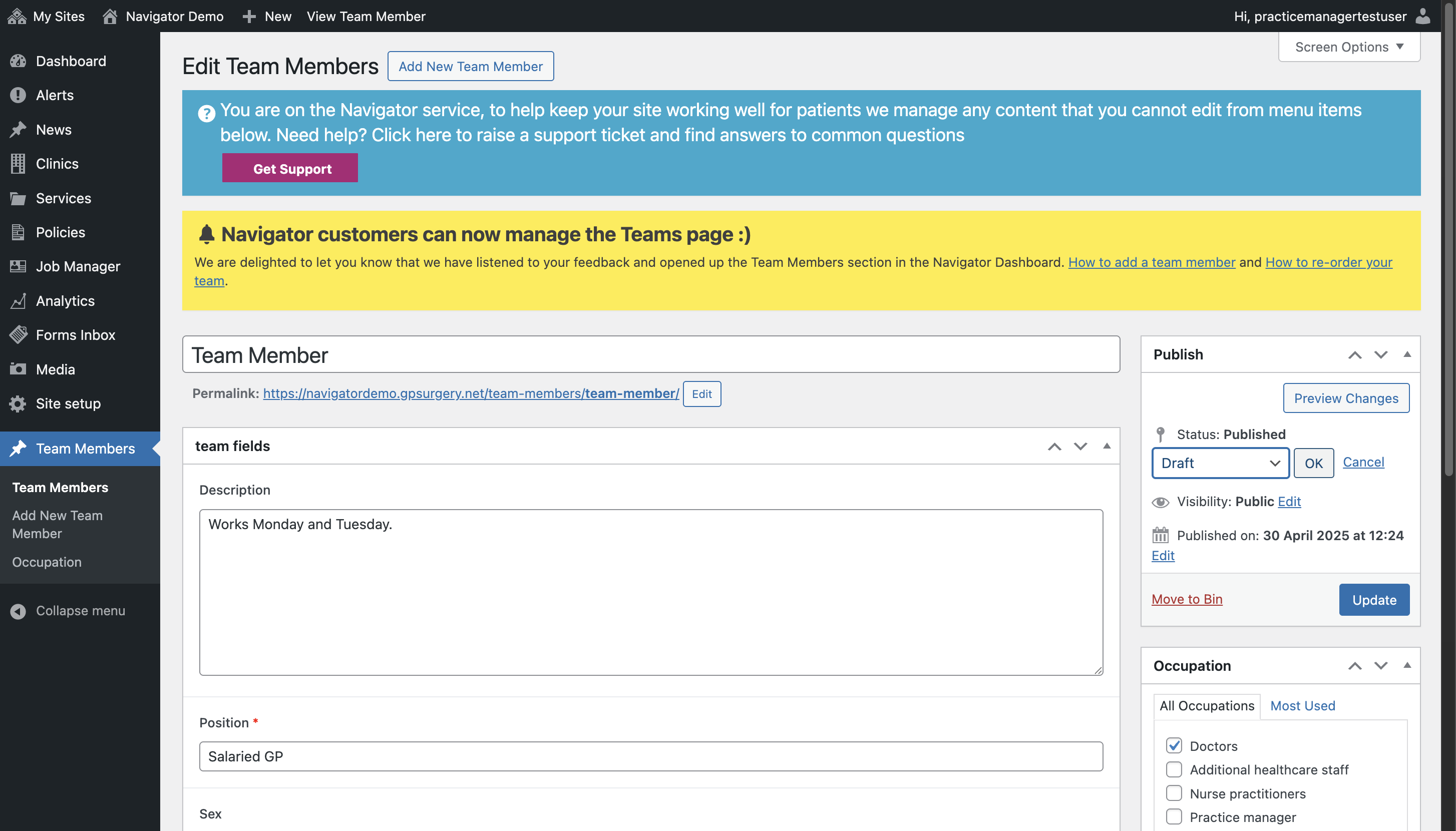 The OK button next to the Published drop-down