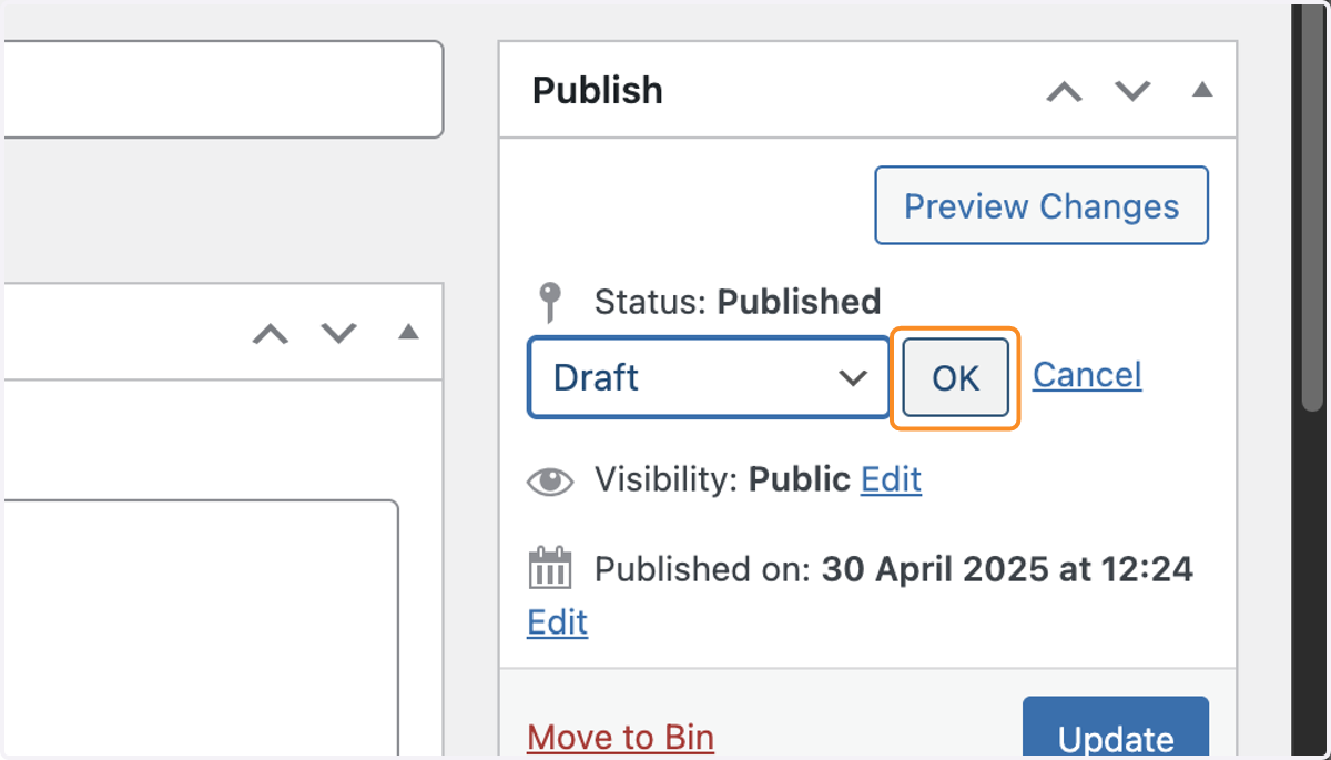 The OK button next to the Published drop-down