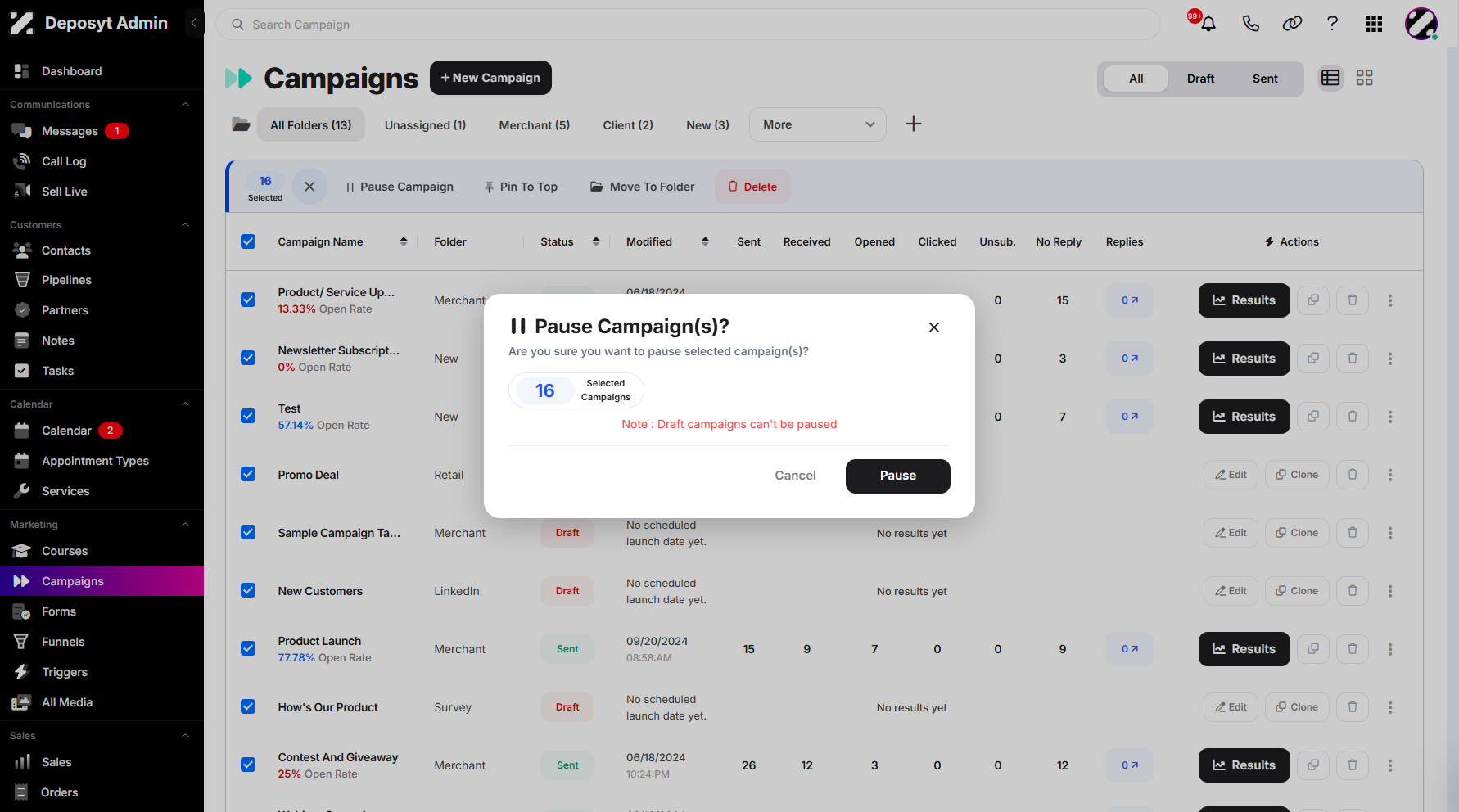 Step 6: A pop-up window will appear. Here, you can view the count of your selected campaigns and a note indicating that draft campaigns cannot be paused.