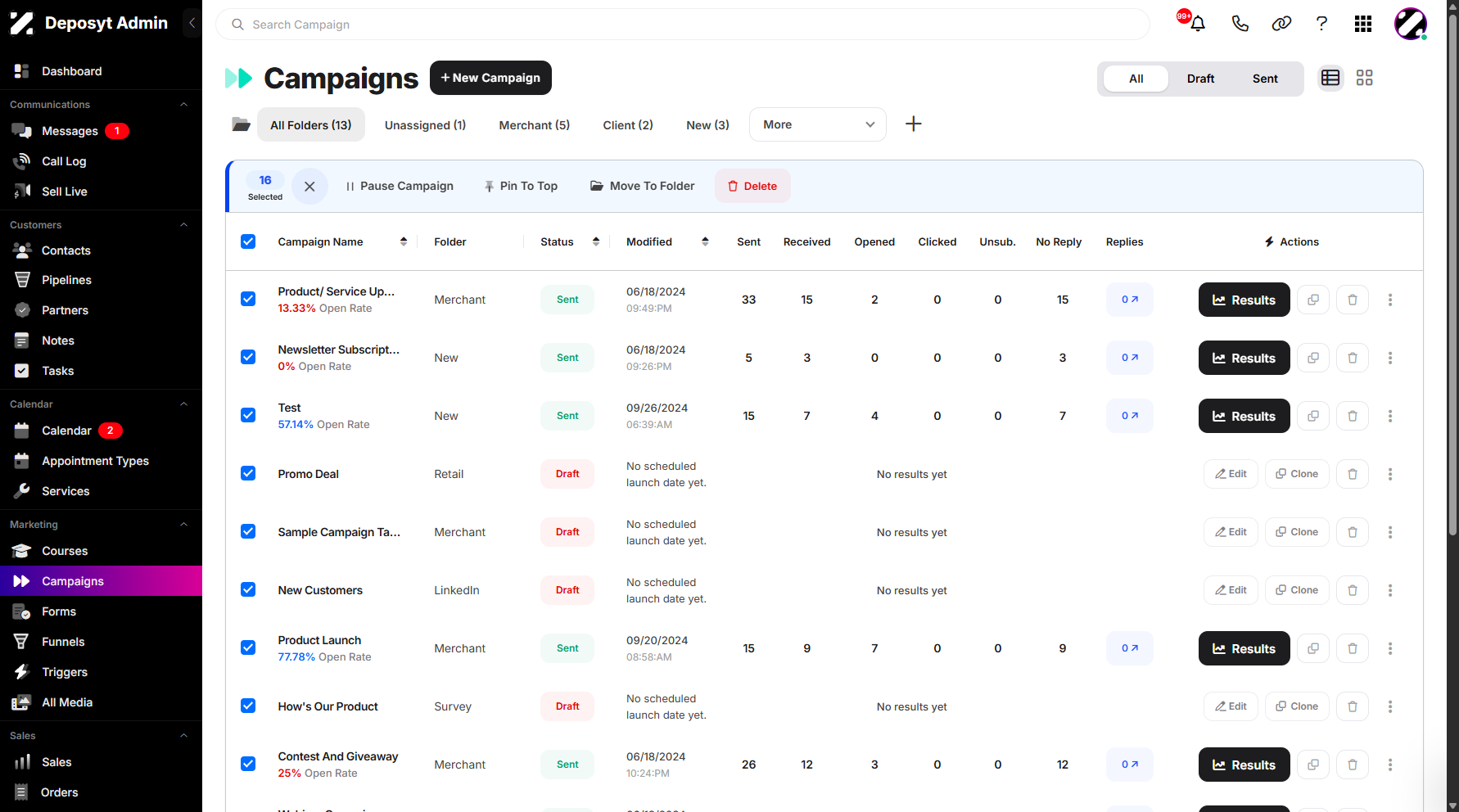 Step 3: To enable bulk actions, you need to select a campaign. Click the Select All checkbox to select all campaigns instantly, or manually click the checkboxes to select specific campaigns.
