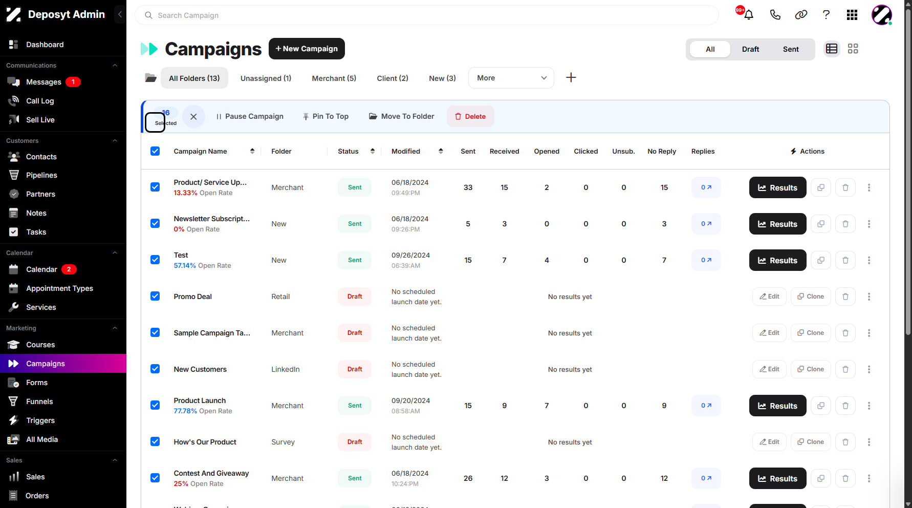 Step 3: To enable bulk actions, you need to select a campaign. Click the Select All checkbox to select all campaigns instantly, or manually click the checkboxes to select specific campaigns.
