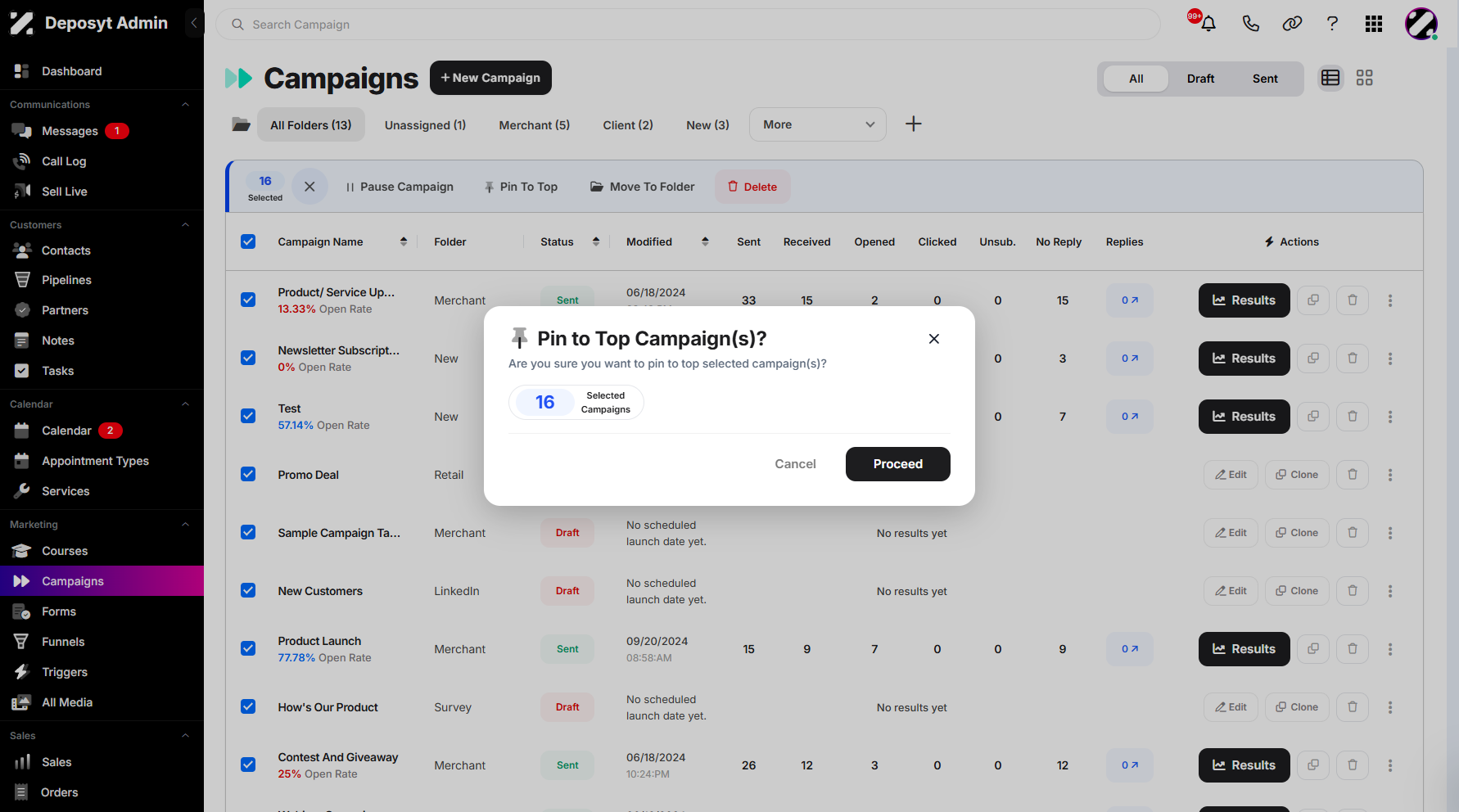 Step 8: A pop-up window will also appear, displaying the count of selected campaigns. You can then click the Proceed button to pin the campaigns to the top.