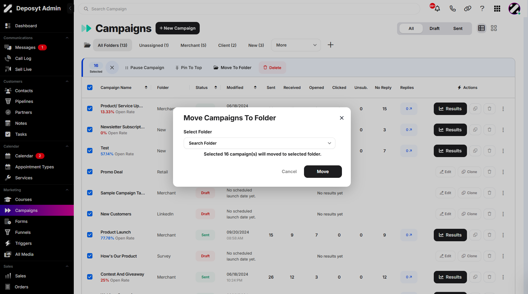 Step 10: Once clicked, a pop-up window will appear, prompting you to select the campaign destination folder from the dropdown menu. After selecting a folder, click Move to apply the action.