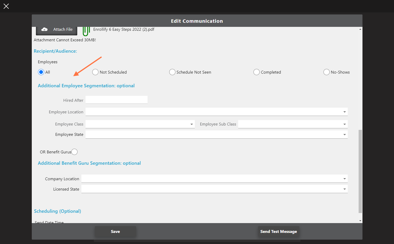 When setting up ANY communication type, you can scroll down to find the "Additional Employee Segmentation" section.