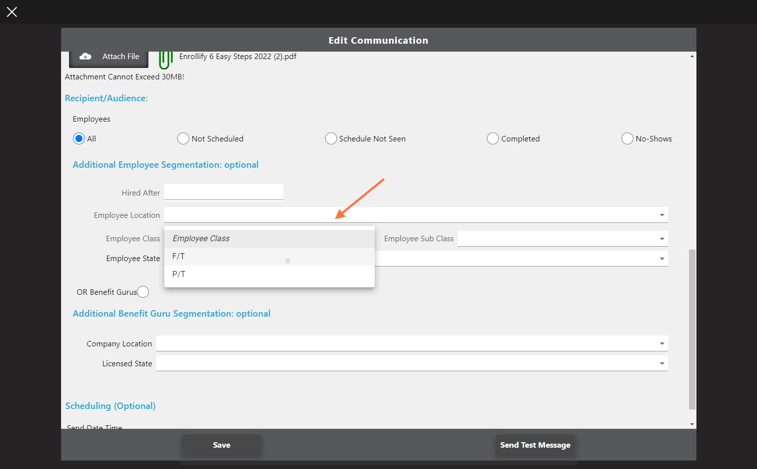 Click on the Employee Class dropdown to select which Class(es) this communication should be sent to.