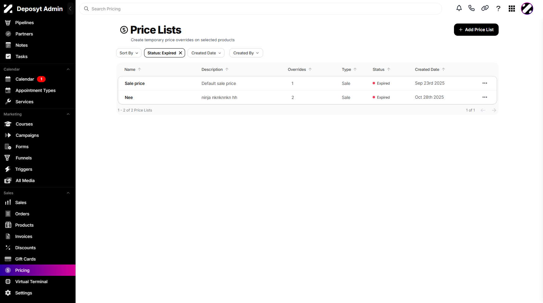Step 6: You can now view the Price Lists filtered by Status.