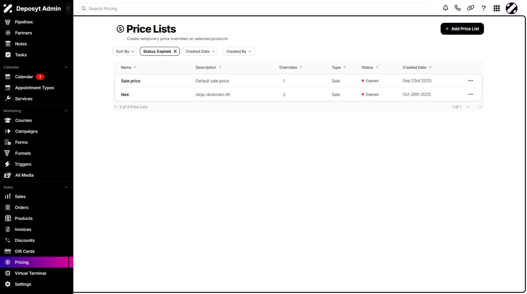 Step 6: You can now view the Price Lists filtered by Status.
