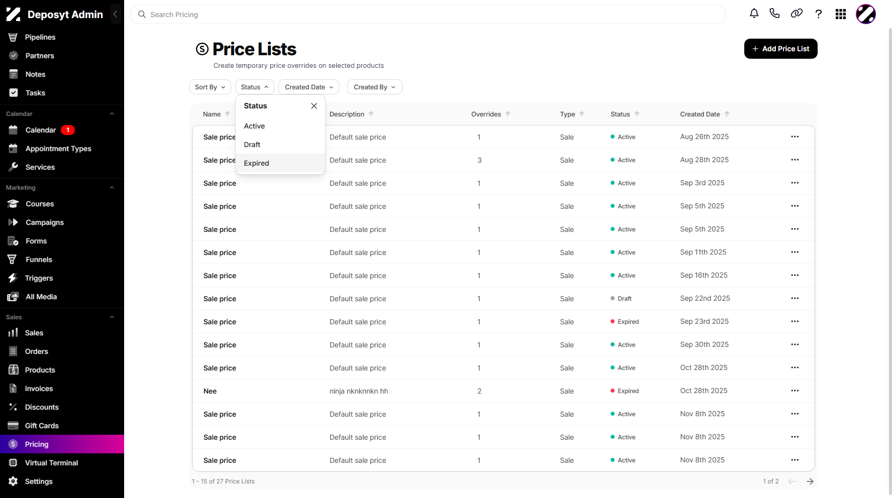 Step 5: Select a status by clicking on it.