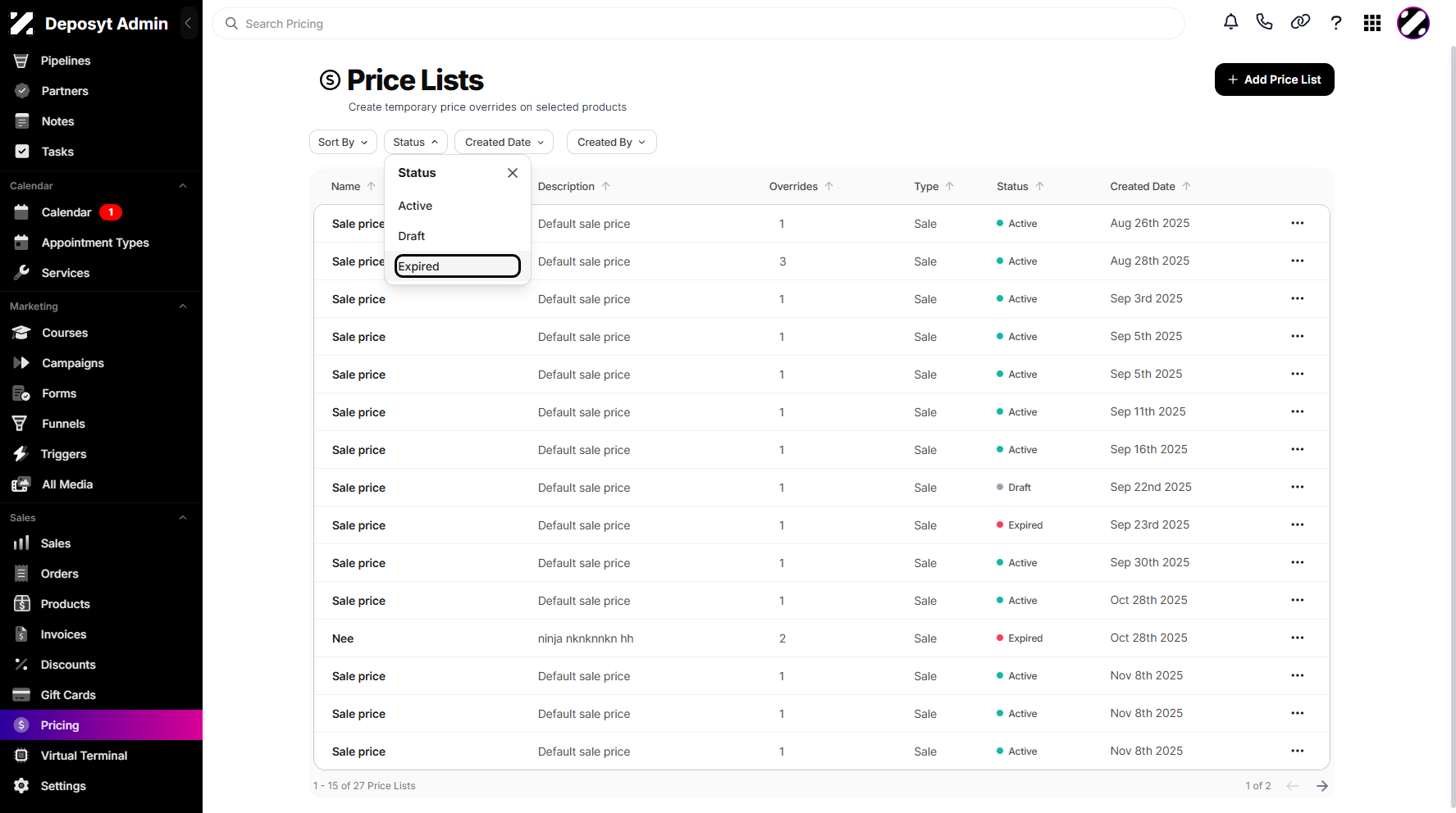 Step 5: Select a status by clicking on it.