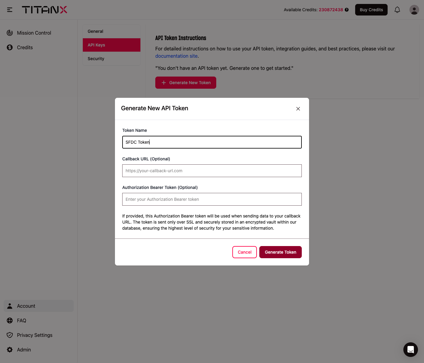 Click on Generate Token