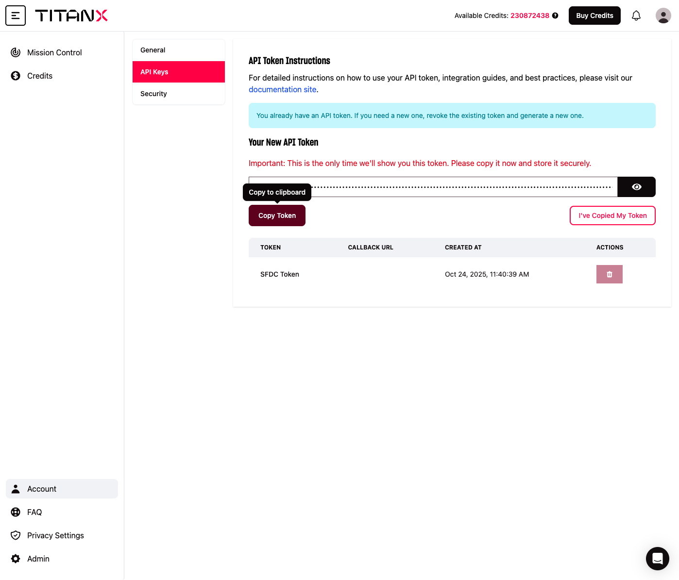 Click on Copy Token