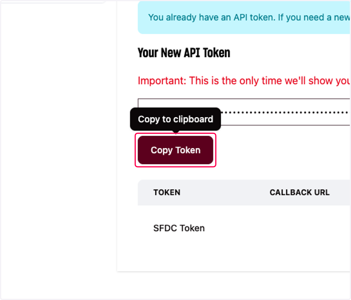 Click on Copy Token