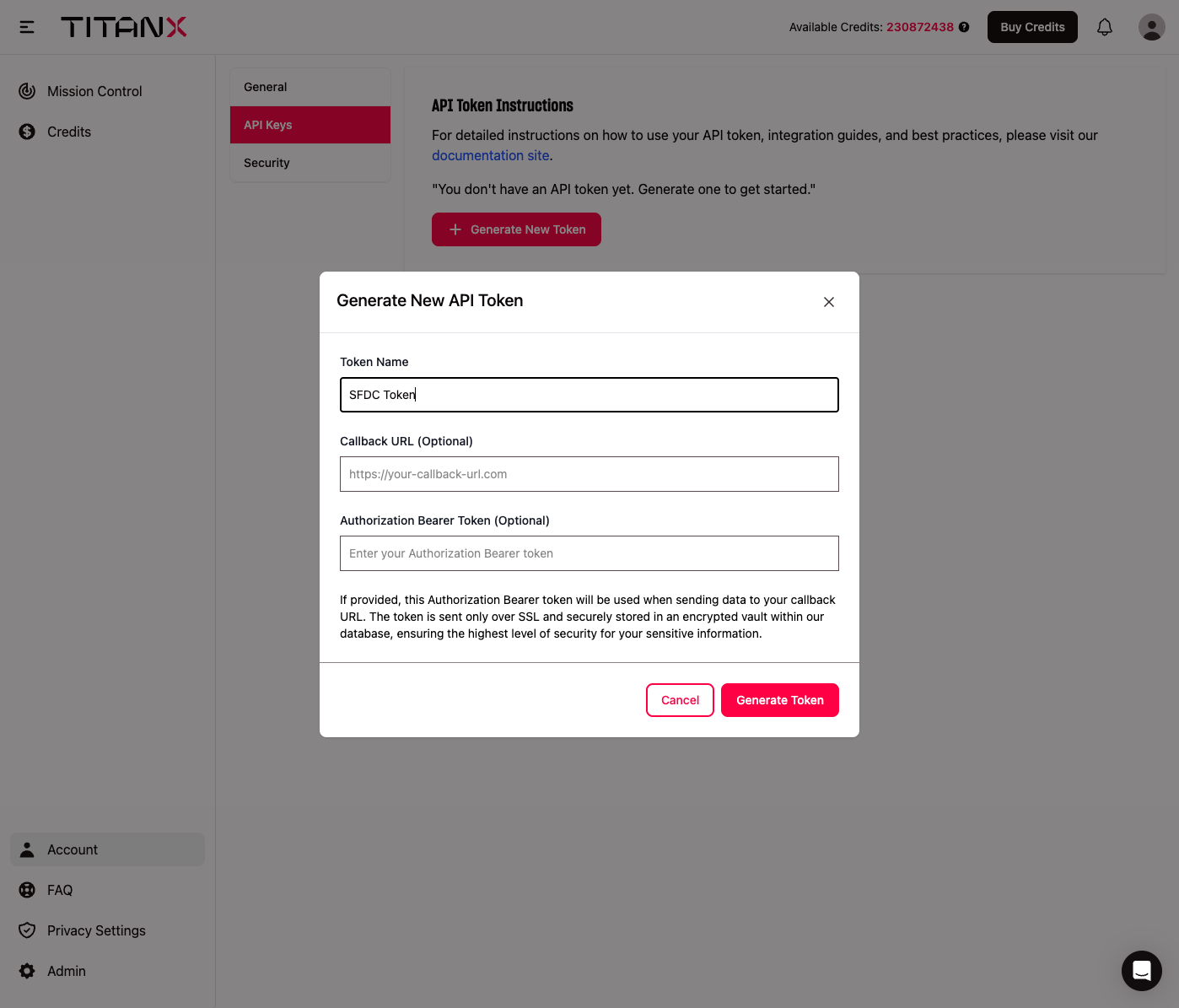 Type "SFDC Token"