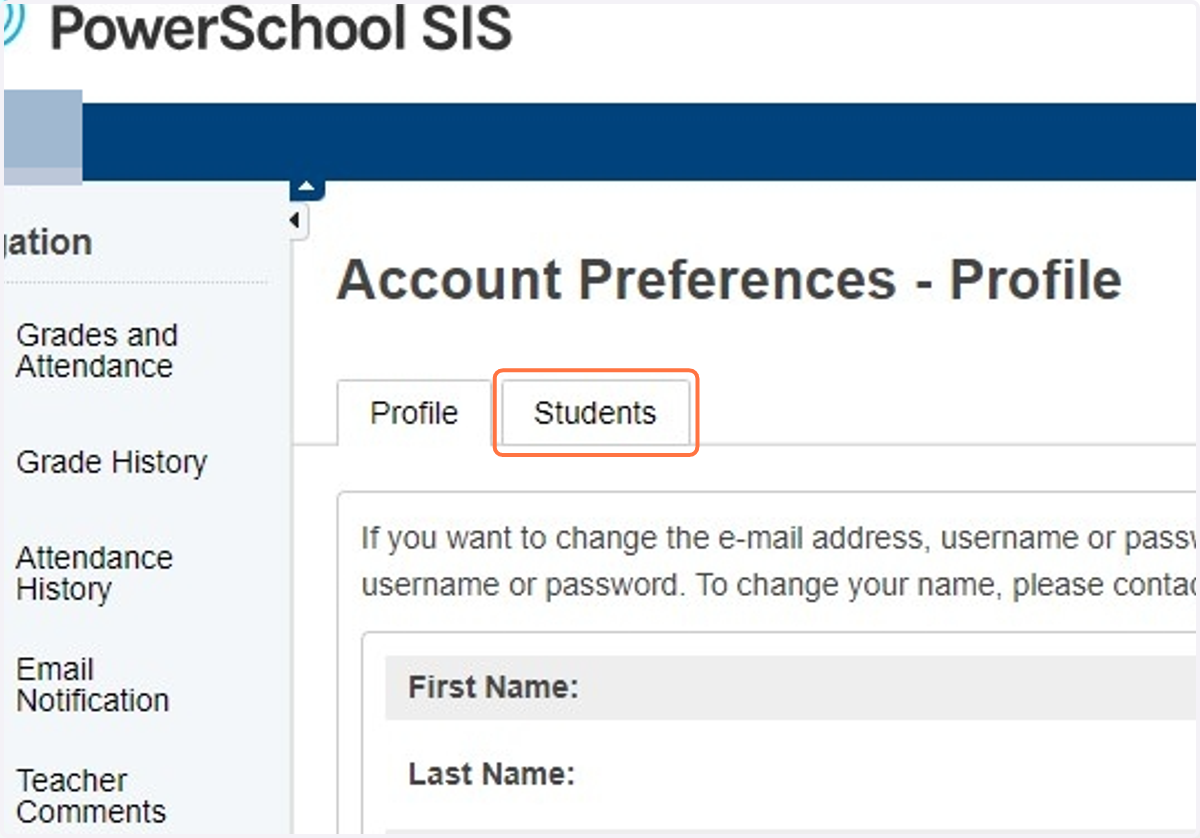 Click on the 'Students' tab located in Account Preference