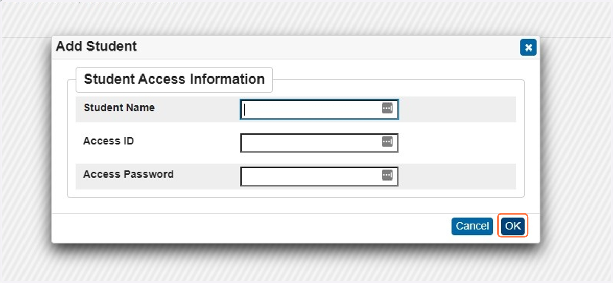 Enter the student name, Access ID, and Access Password exactly as listed on the student access ID and password letter from your student's school office. Then click on the blue 'OK' button.