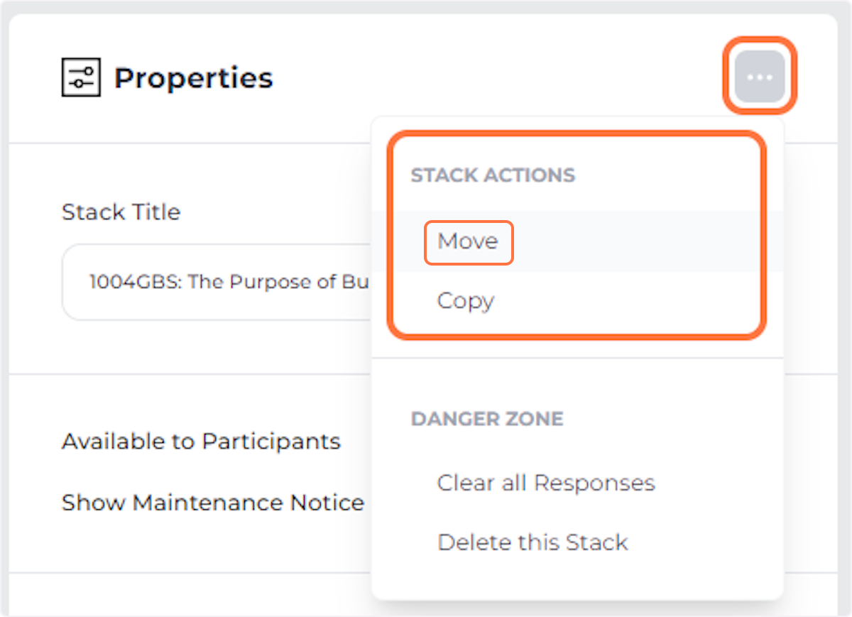 In Properties, open the Stack Actions menu and click Move.