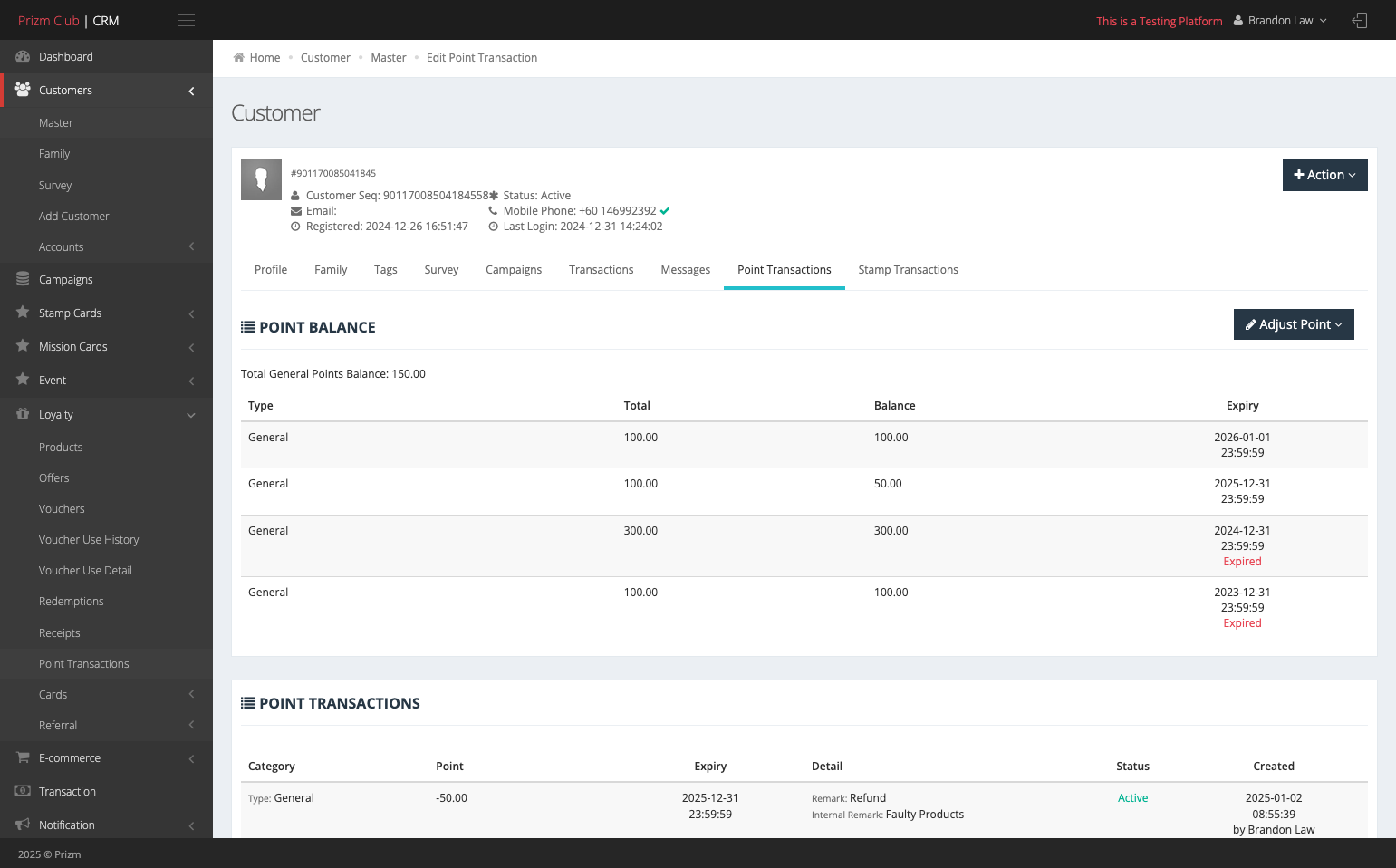 Click on Point Transactions