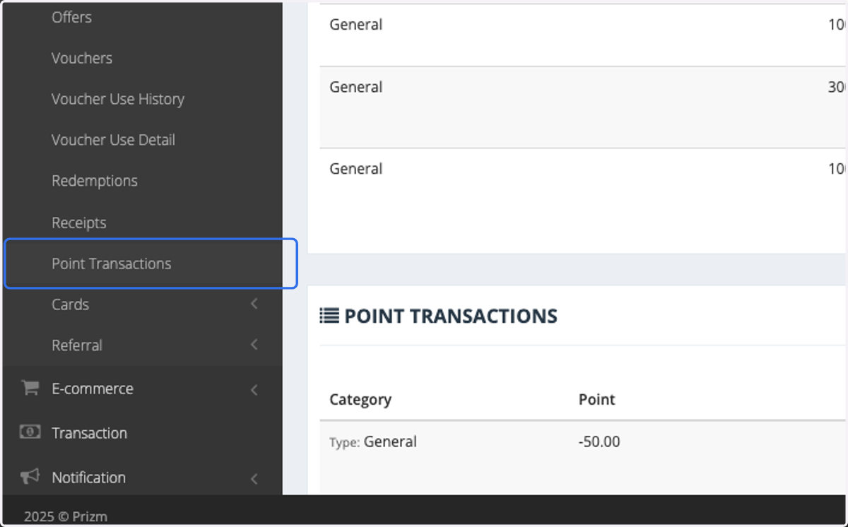 Click on Point Transactions