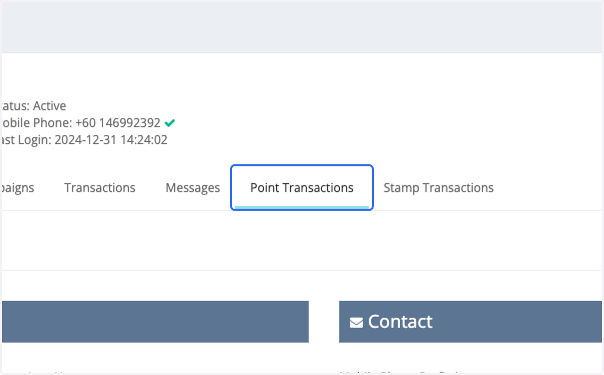 Click on Point Transactions