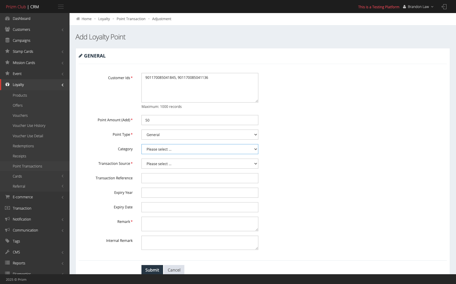 Select the Points Category