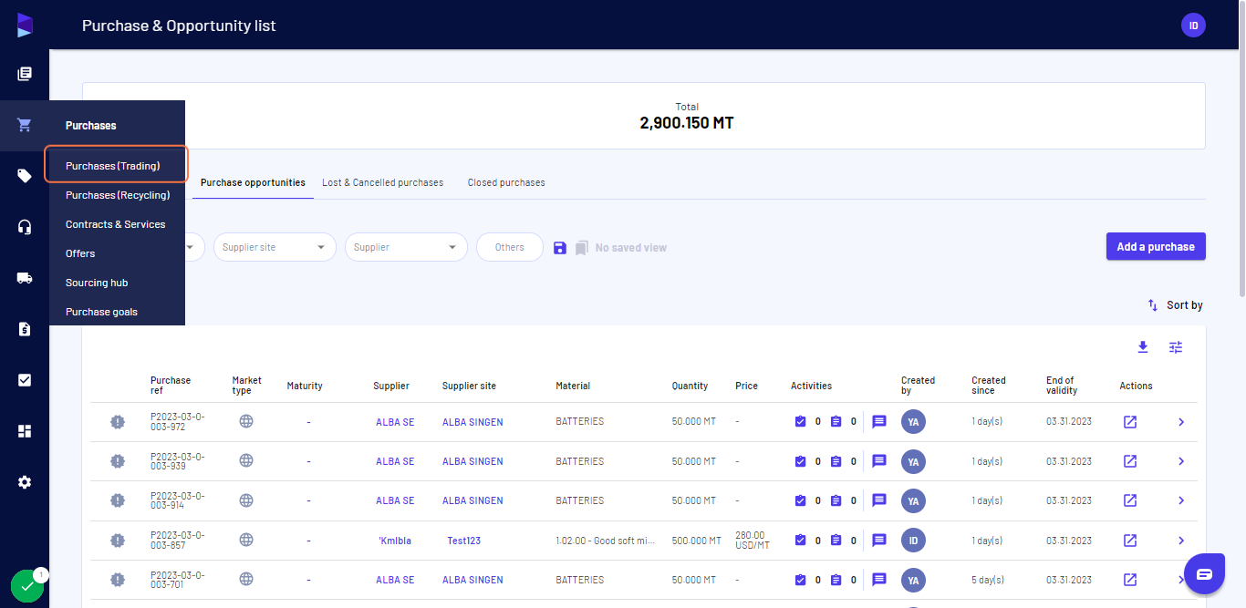 Click on "Purchases (Trading)"