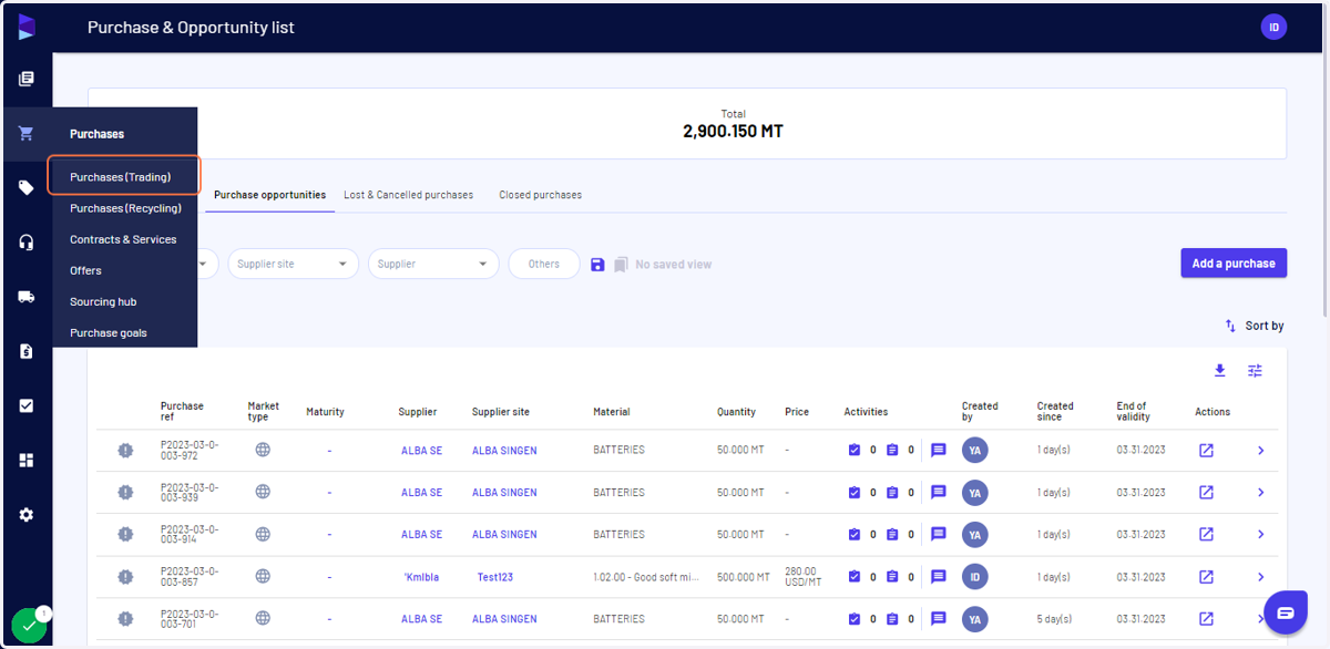 Click on "Purchases (Trading)"
