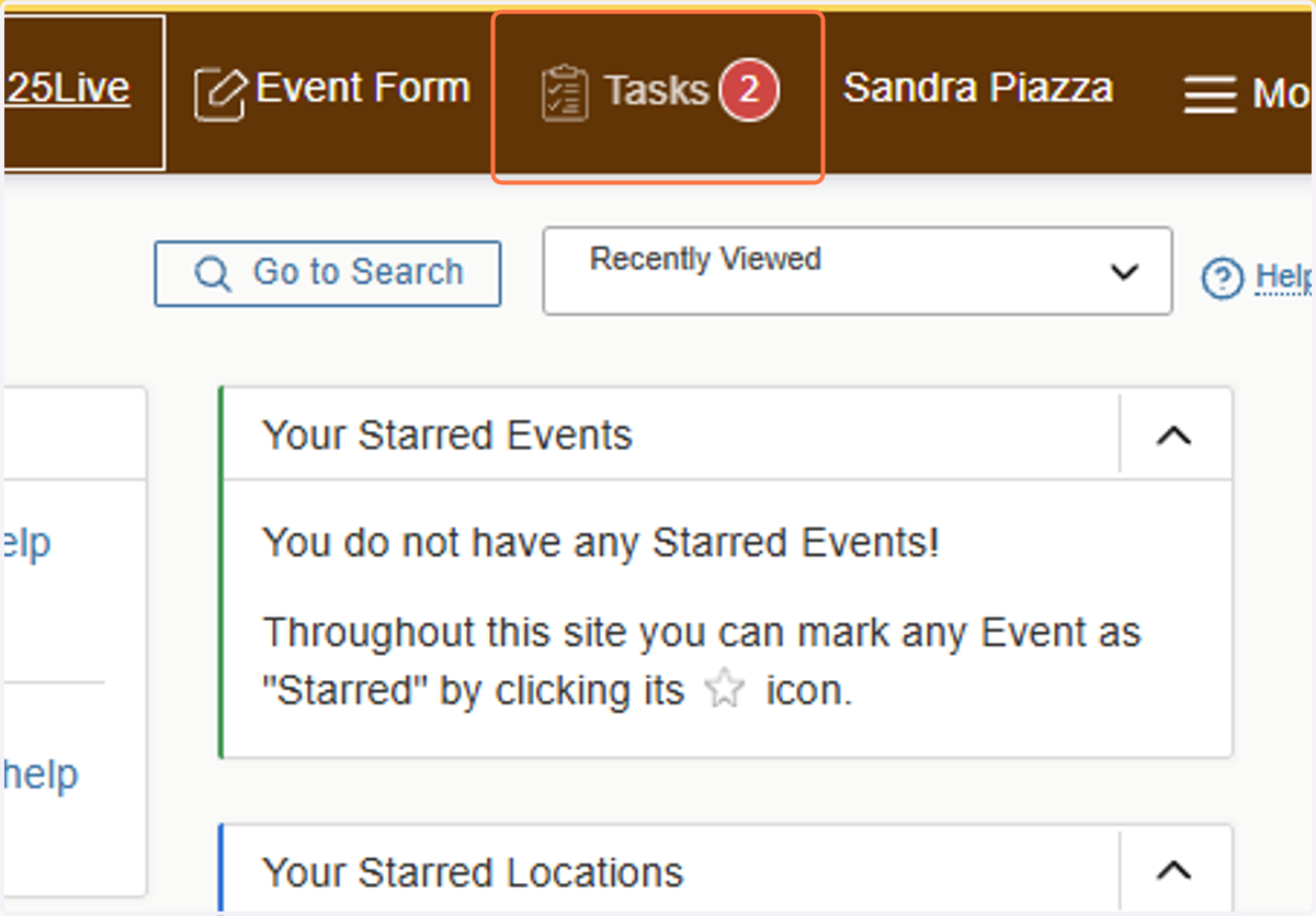 Login to 25Live. Select Tasks Tab