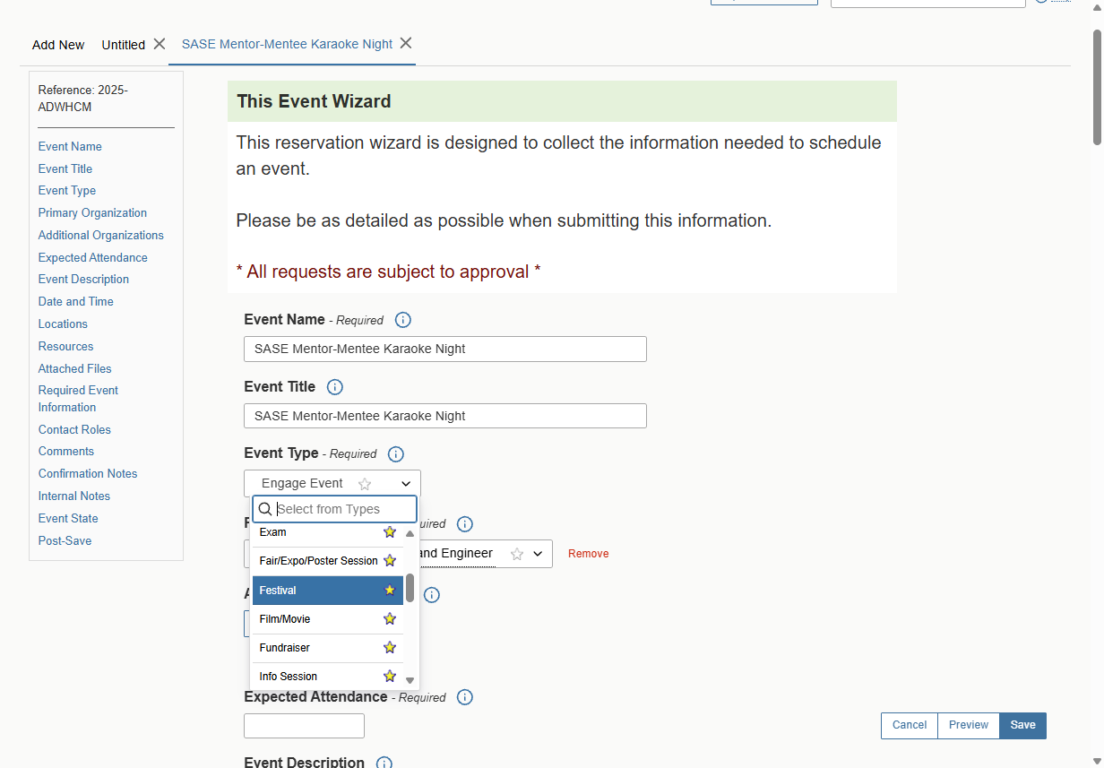 Select Event Type that Best Fits Description of Reservation Submission