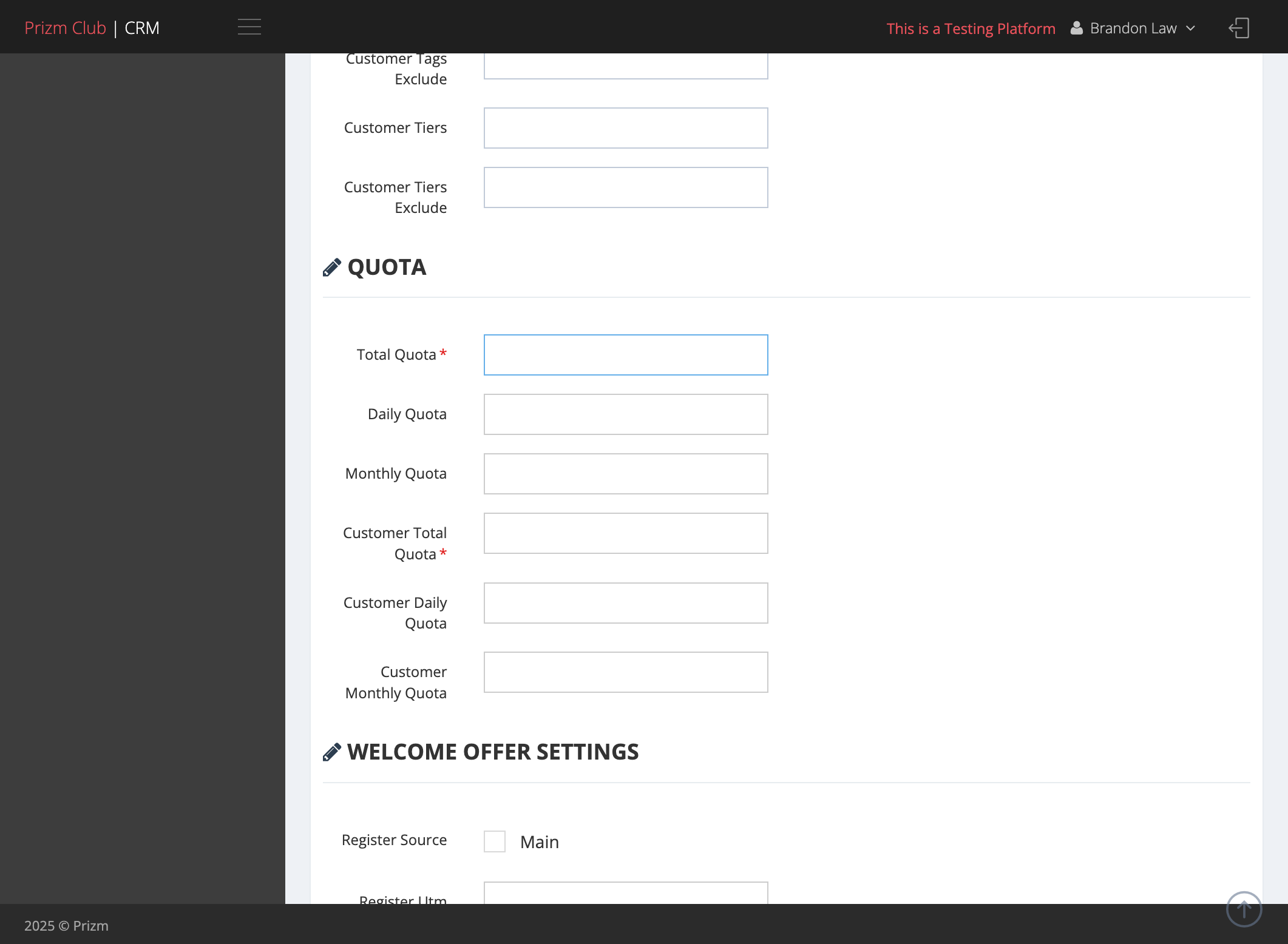 Select the Quotas for the Welcome Points