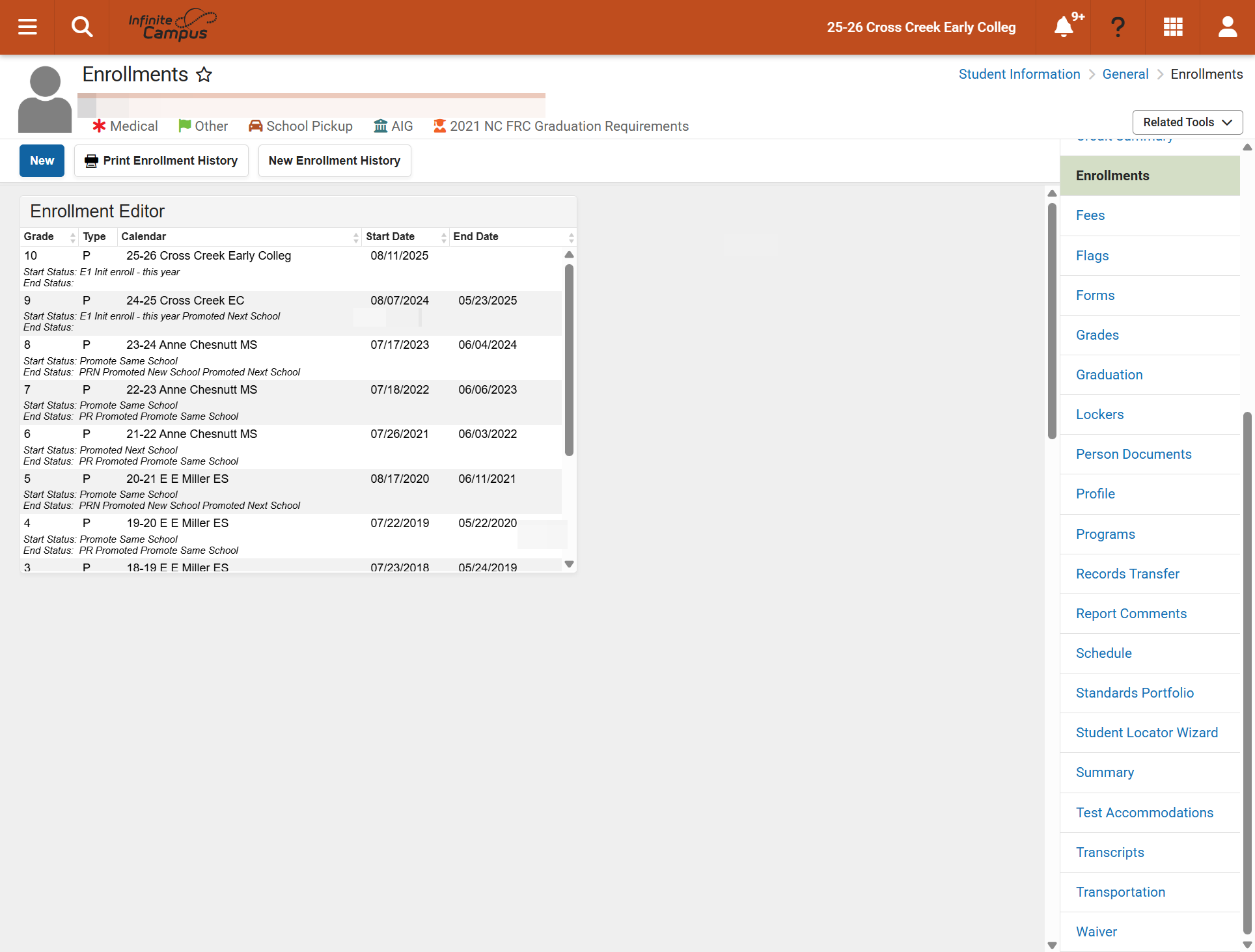 Click on the Enrollments tool and select the enrollment record to be updated.