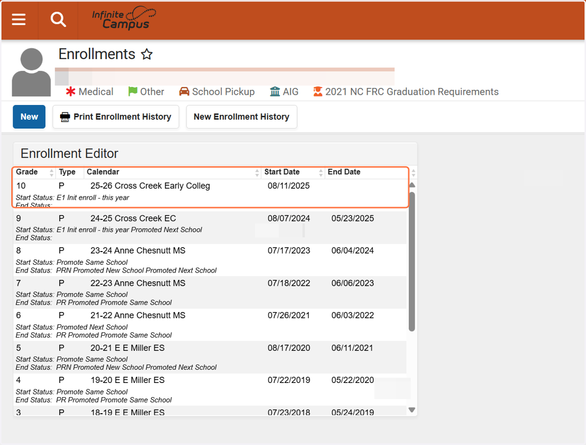 Click on the Enrollments tool and select the enrollment record to be updated.