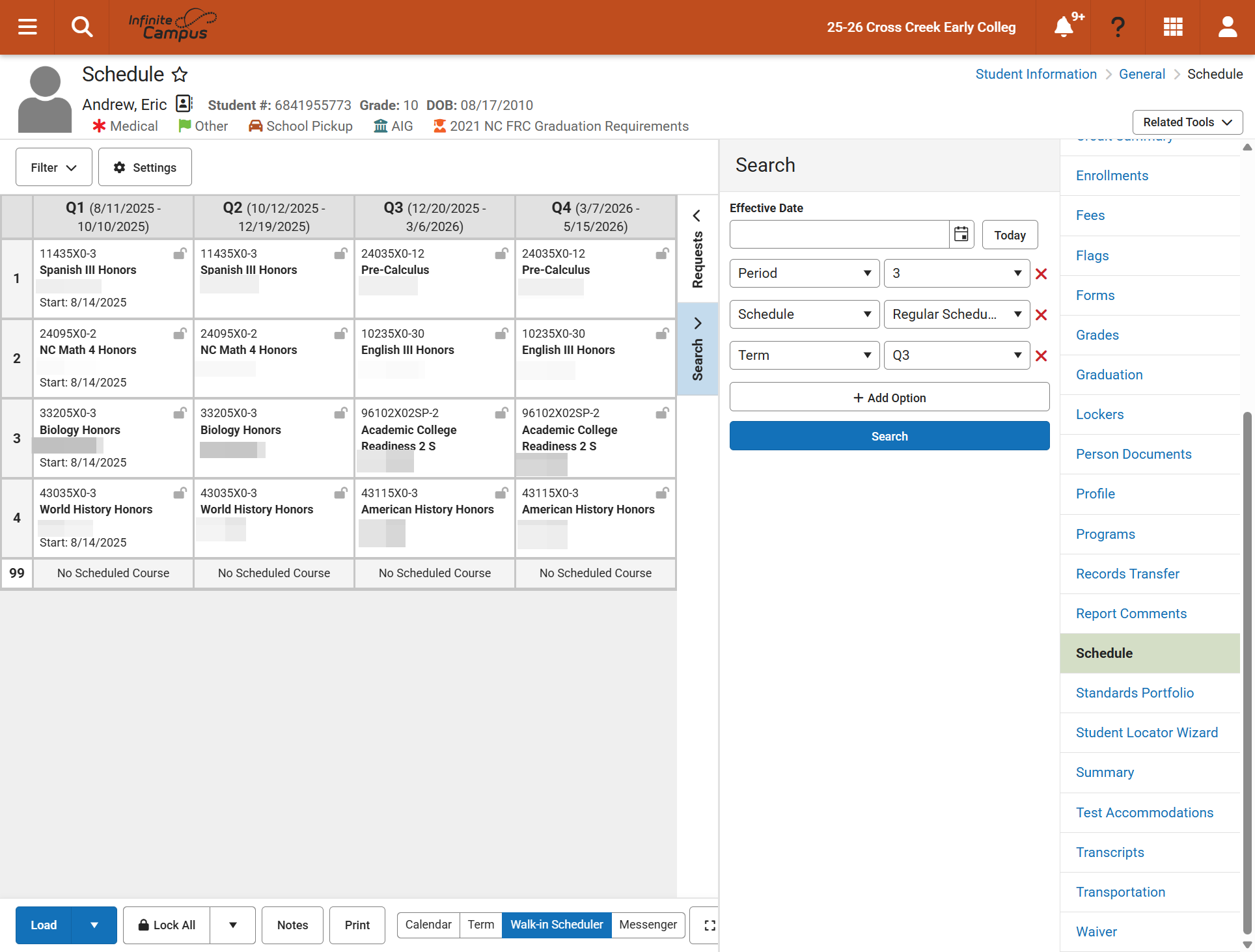 Review the student schedule for accuracy.