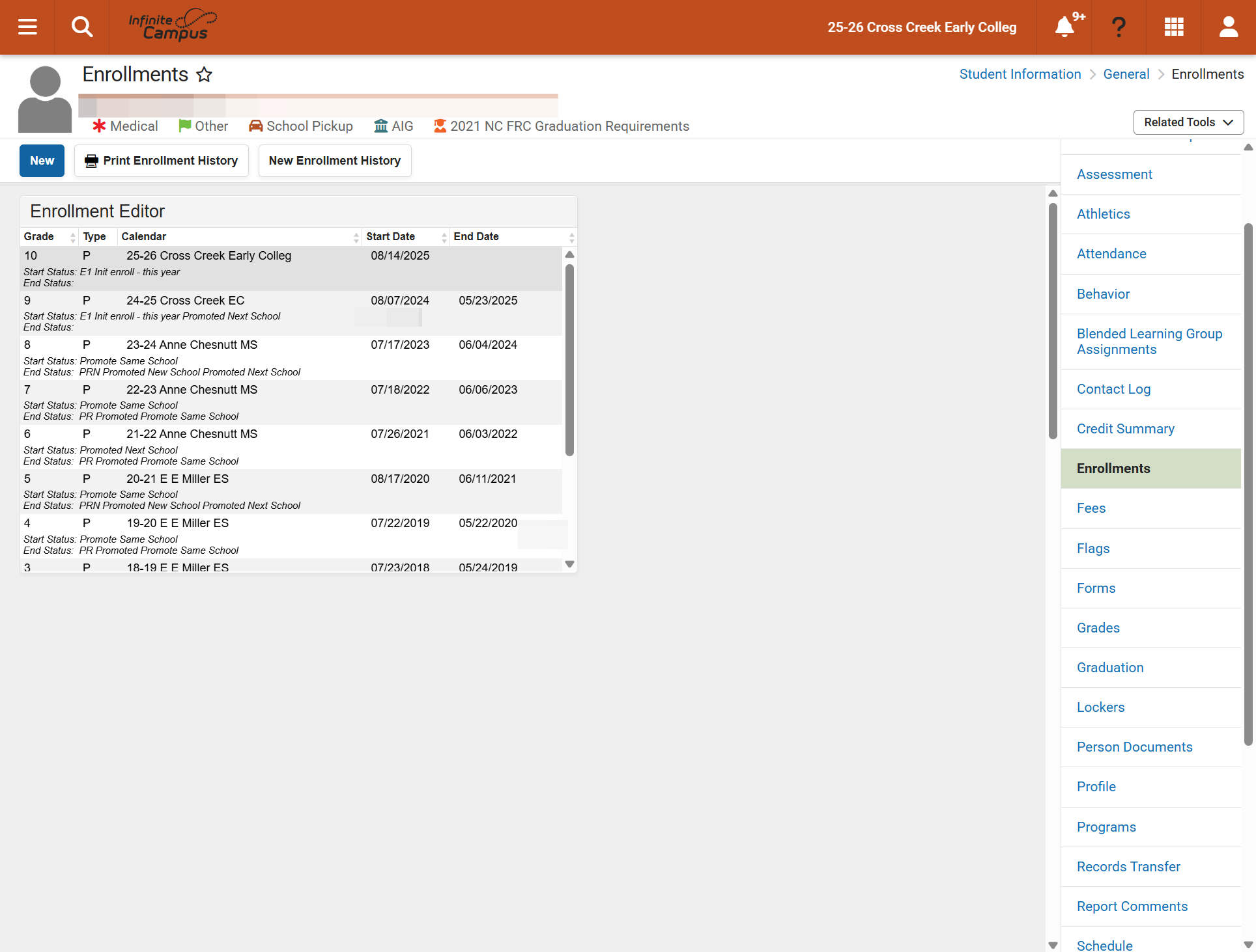 Review the updated enrollment record information for accuracy.