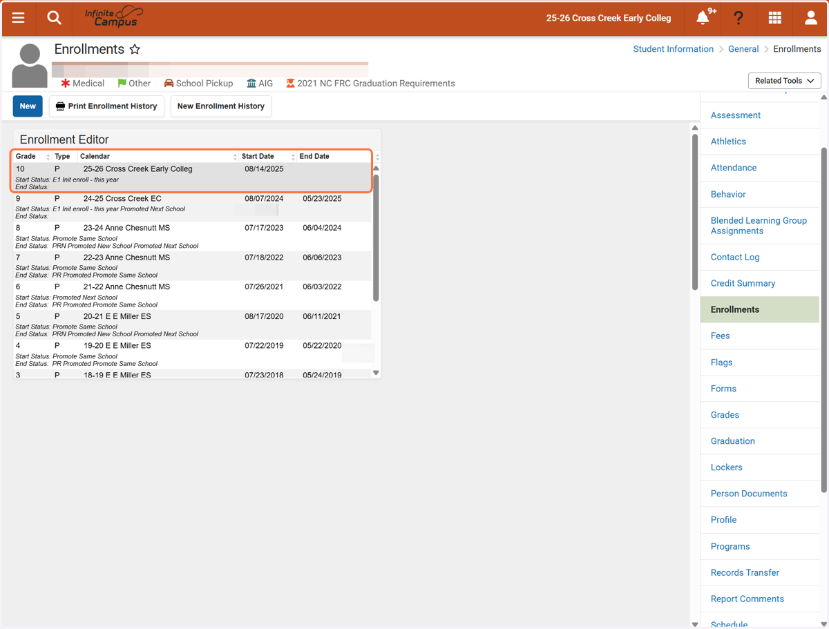 Review the updated enrollment record information for accuracy.