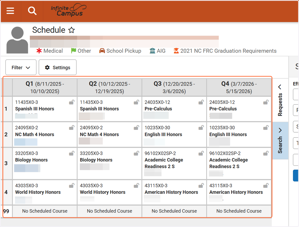 Next, click on the Schedule tool and review the student’s assigned schedule.
