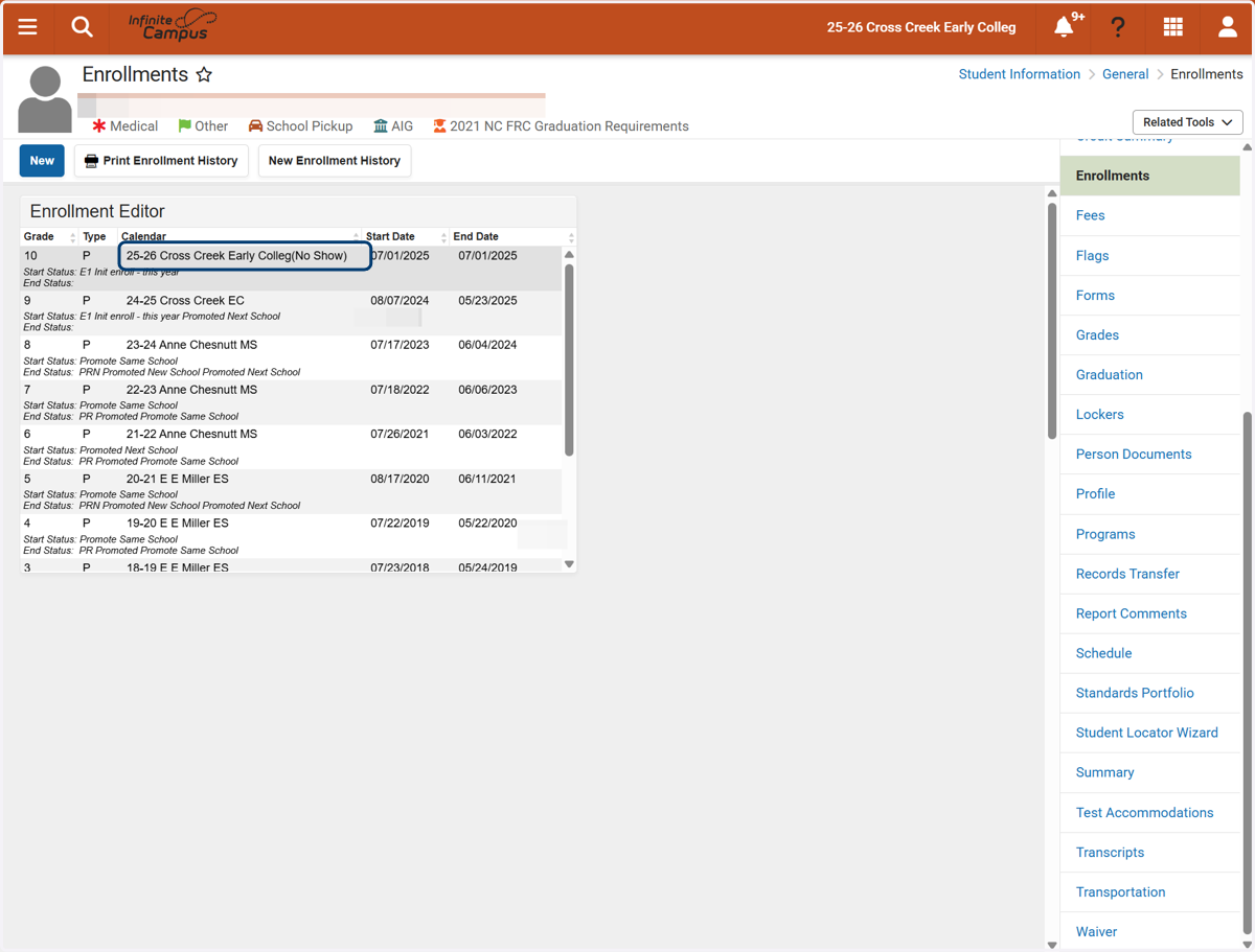 You will now immediately return to the Enrollments tool and select the no-show record you created in the previous step.