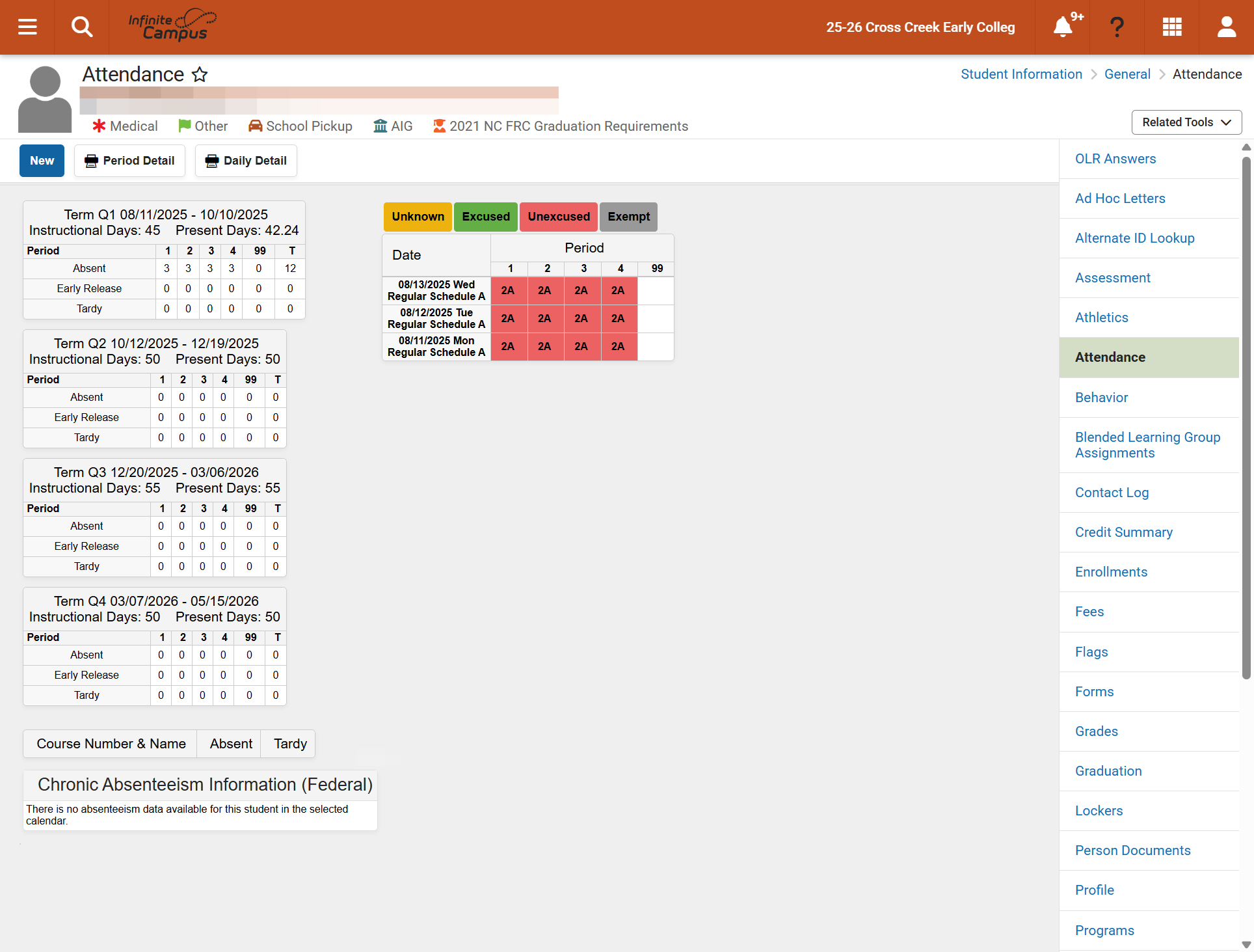 Click on the Attendance tool and review the entries in the student’s attendance record.