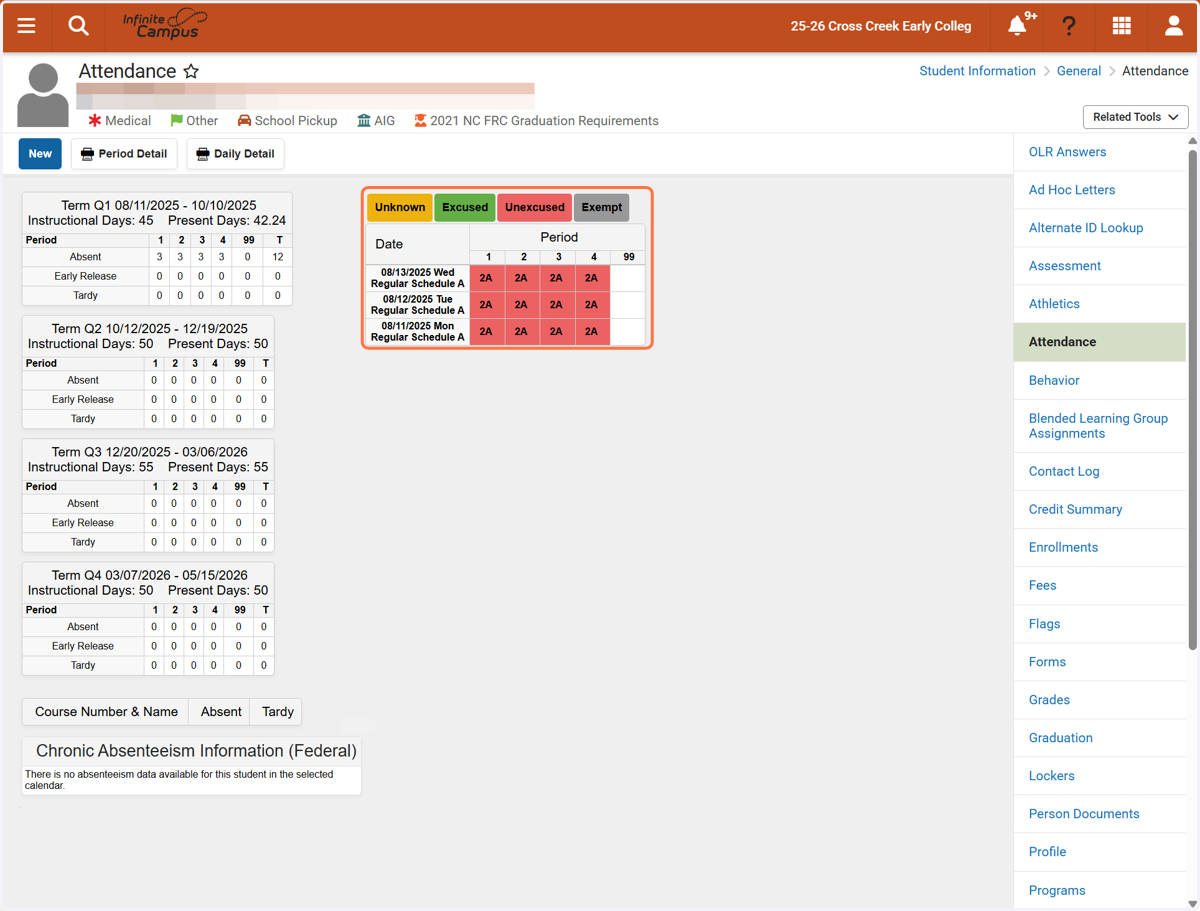 Click on the Attendance tool and review the entries in the student’s attendance record.