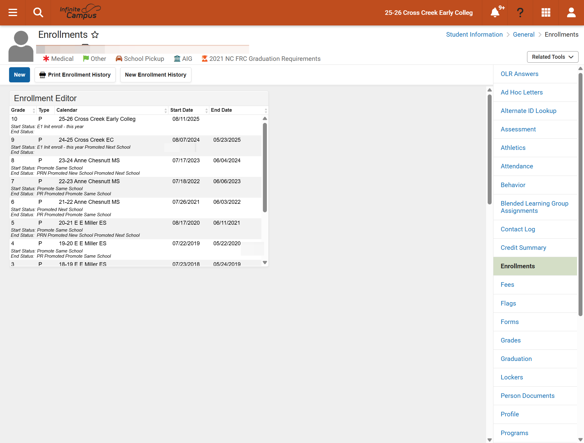 Once the student is selected, navigate to the Enrollment tool.