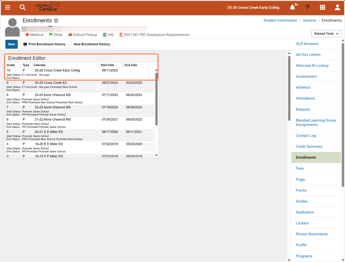 Once the student is selected, navigate to the Enrollment tool.