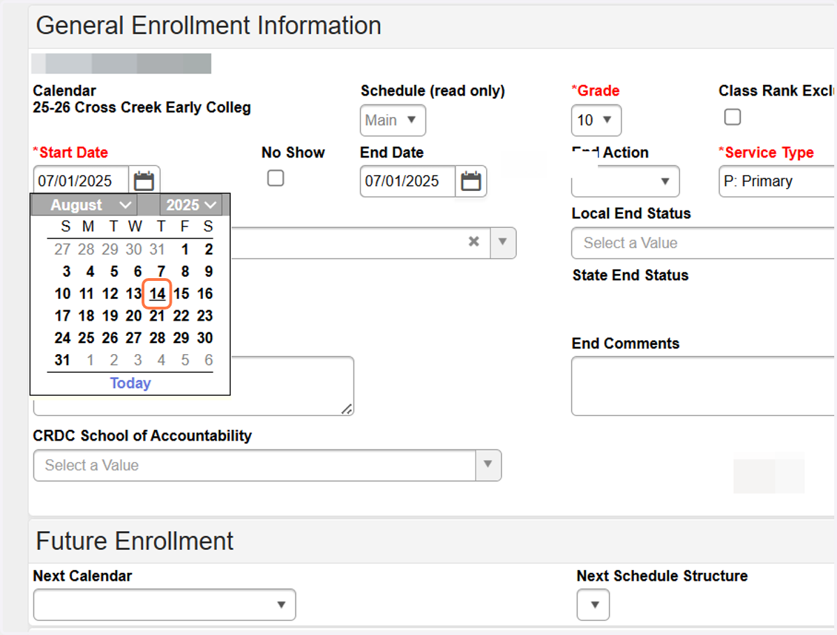 Update the Start Date to reflect the student’s actual start date.