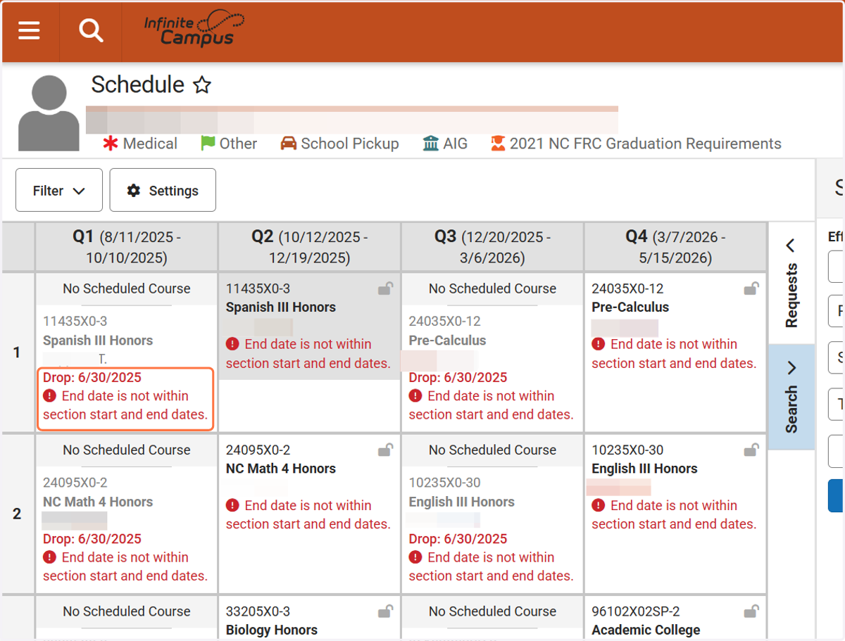 Navigate to the Schedule tool, where you will see that the student’s schedule has been dropped.