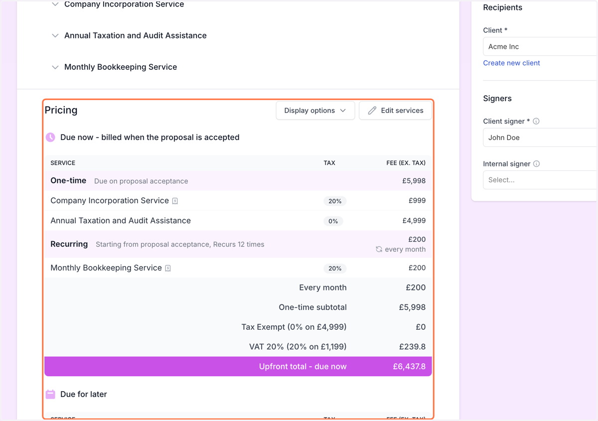 You can see the pricing of the added services