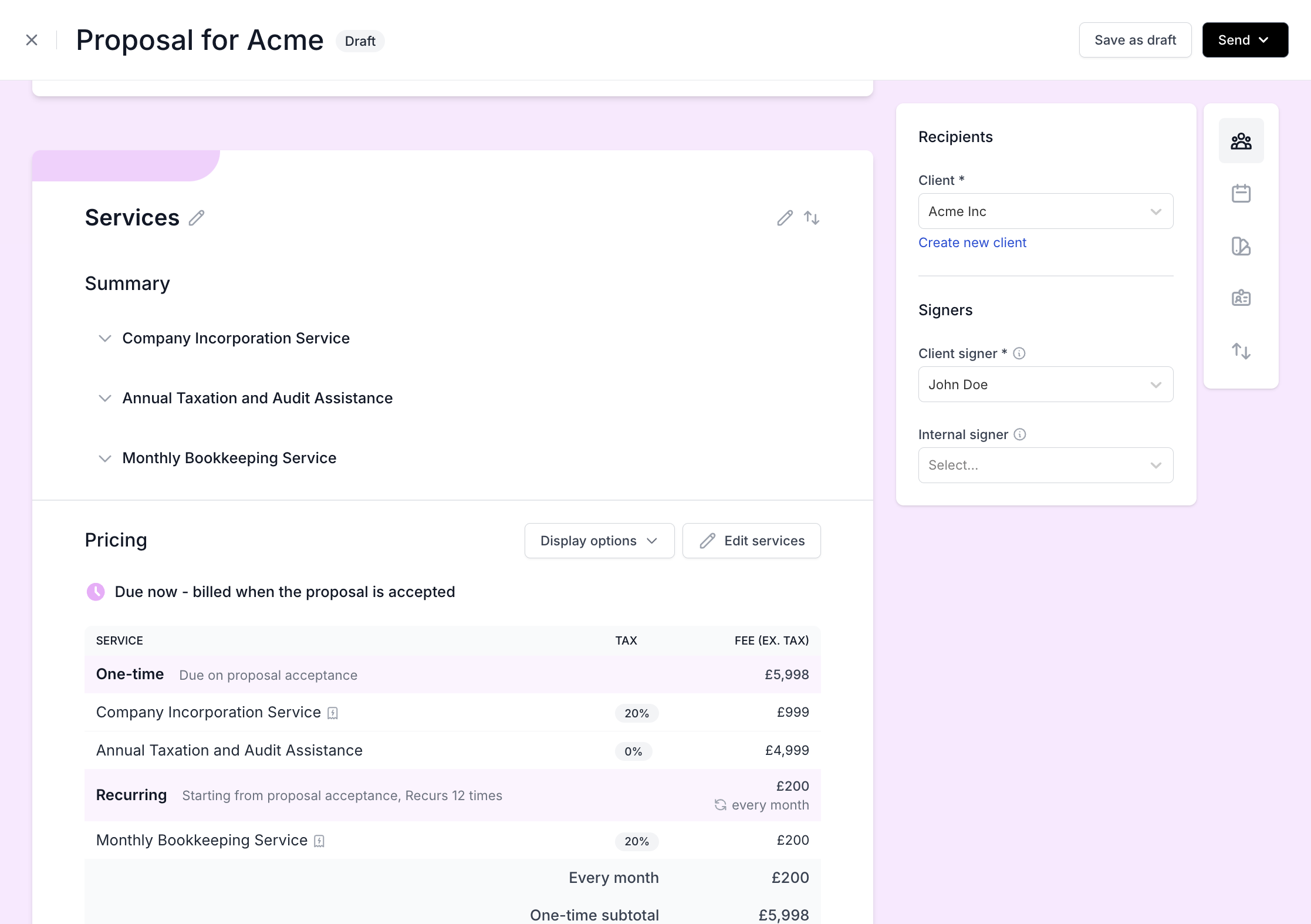You can see the summary of the services added