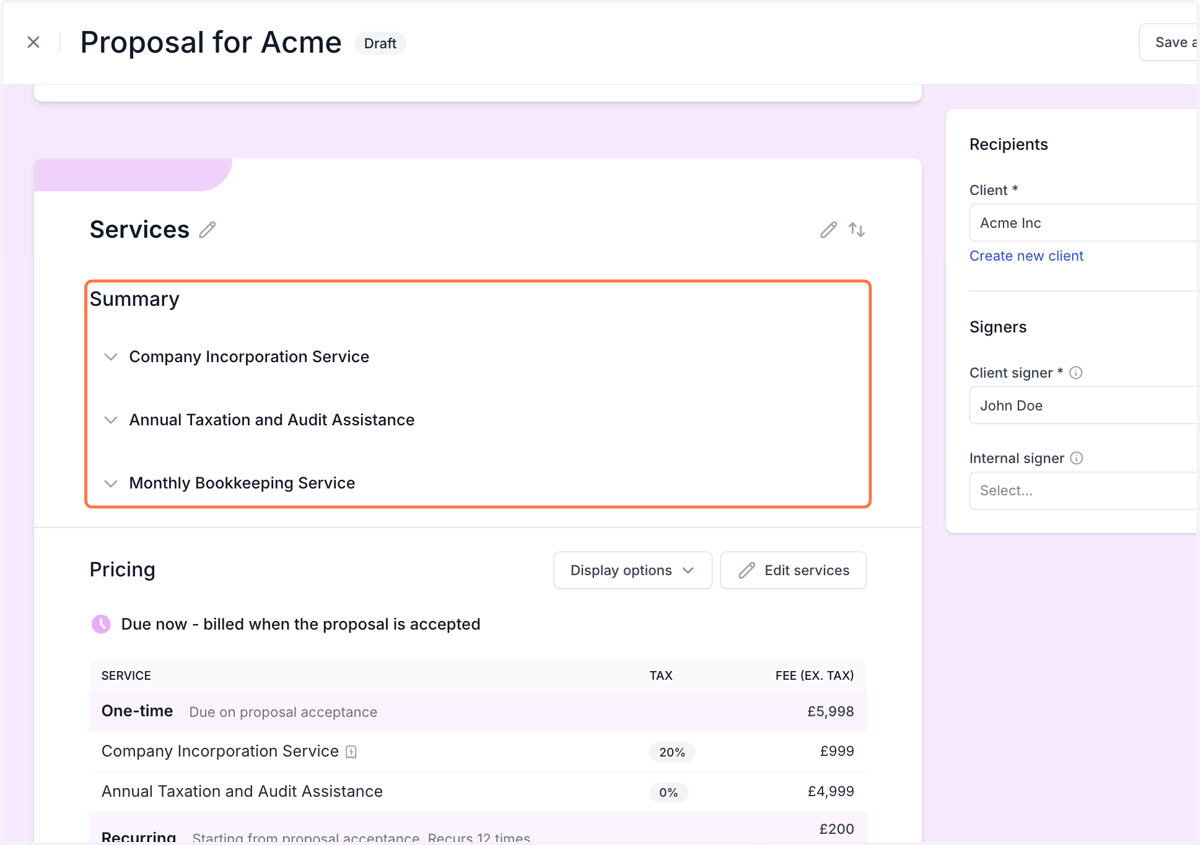 You can see the summary of the services added