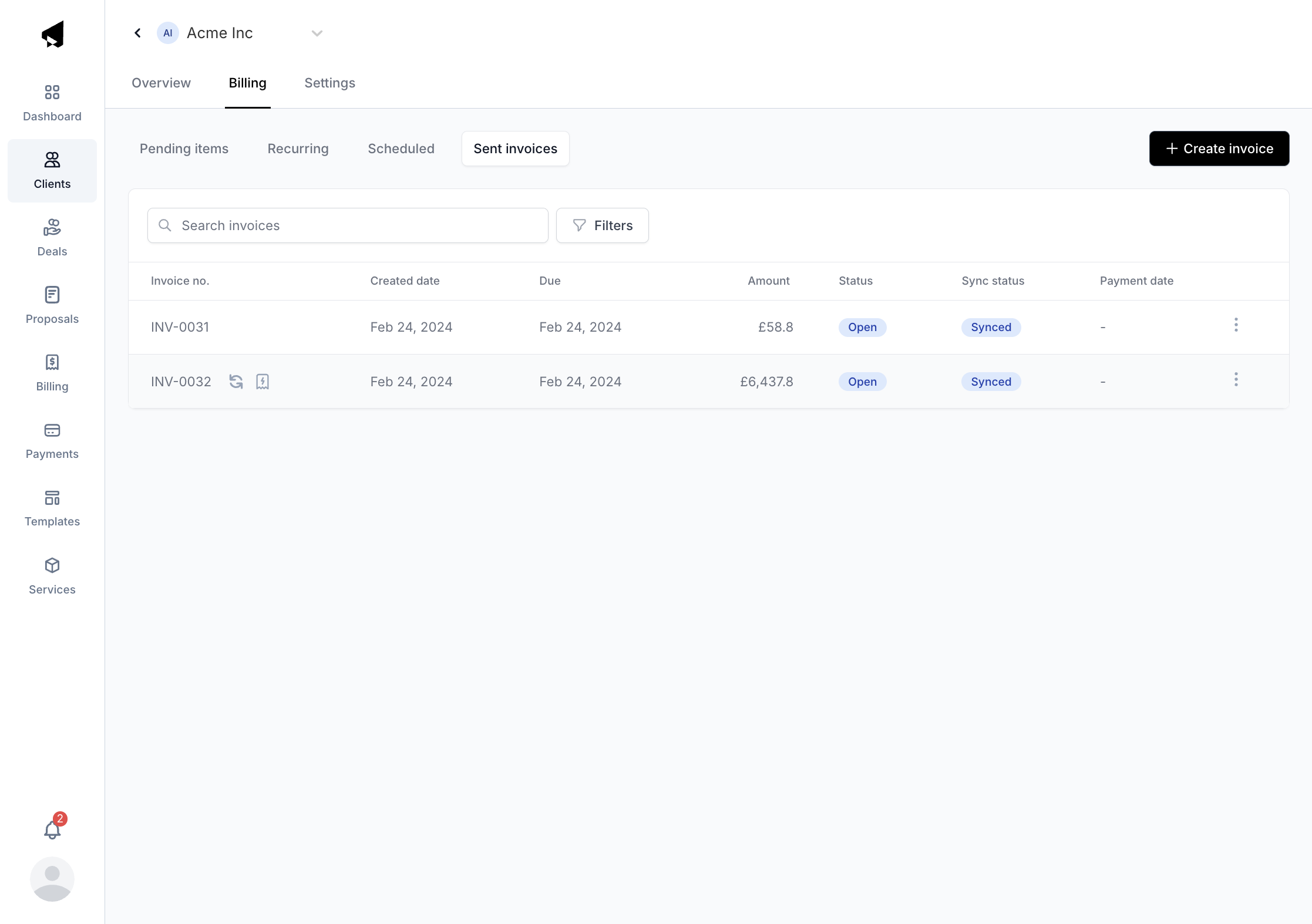 Invoices from proposal services