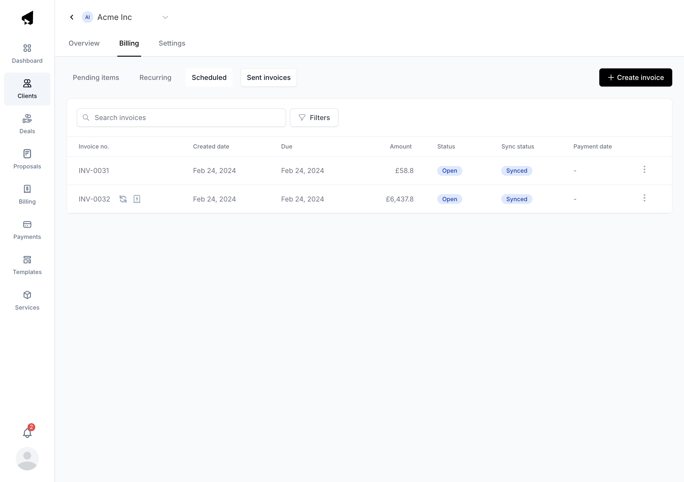 Invoices for recurring services from proposal