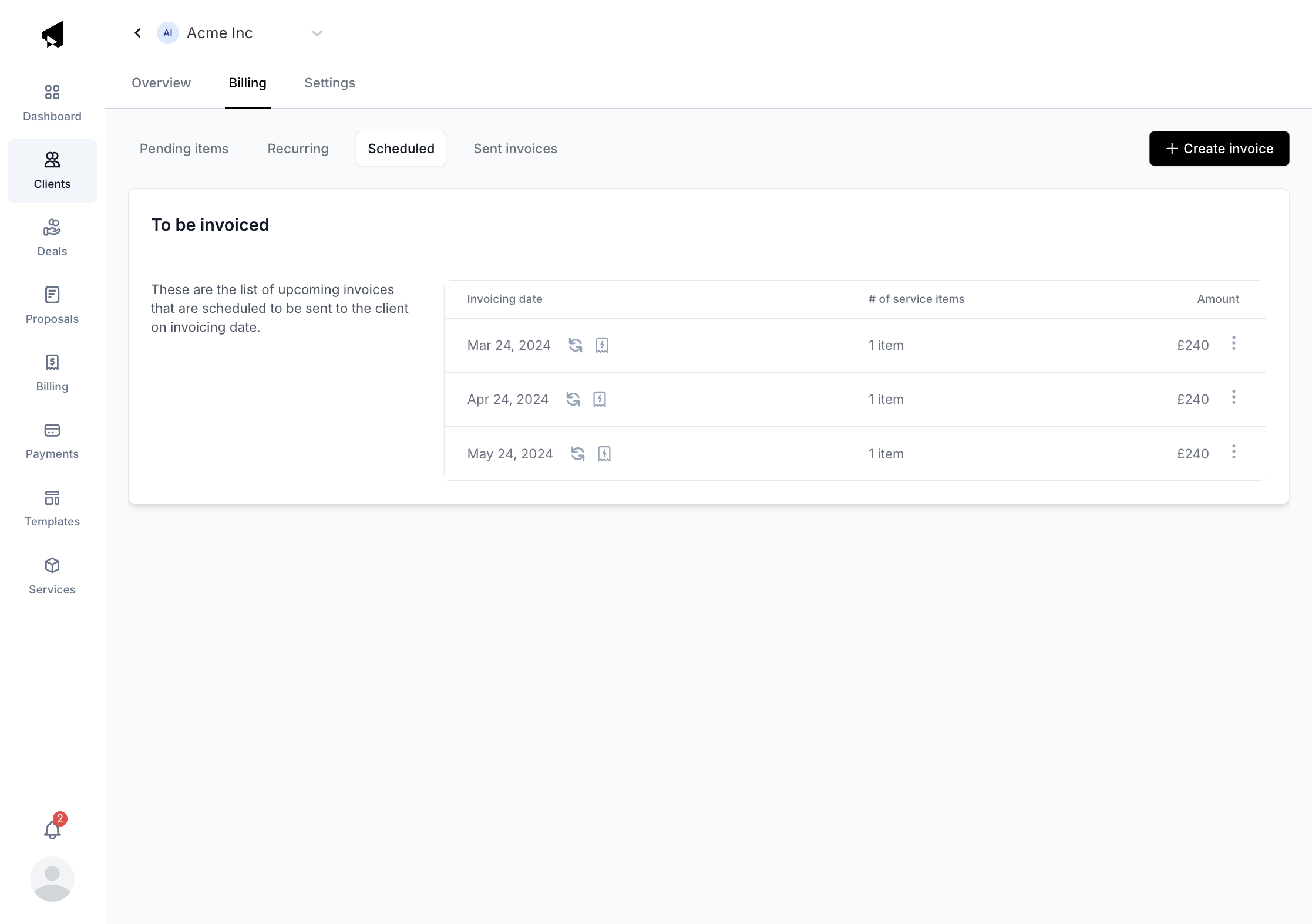 Future service invoice items from proposal